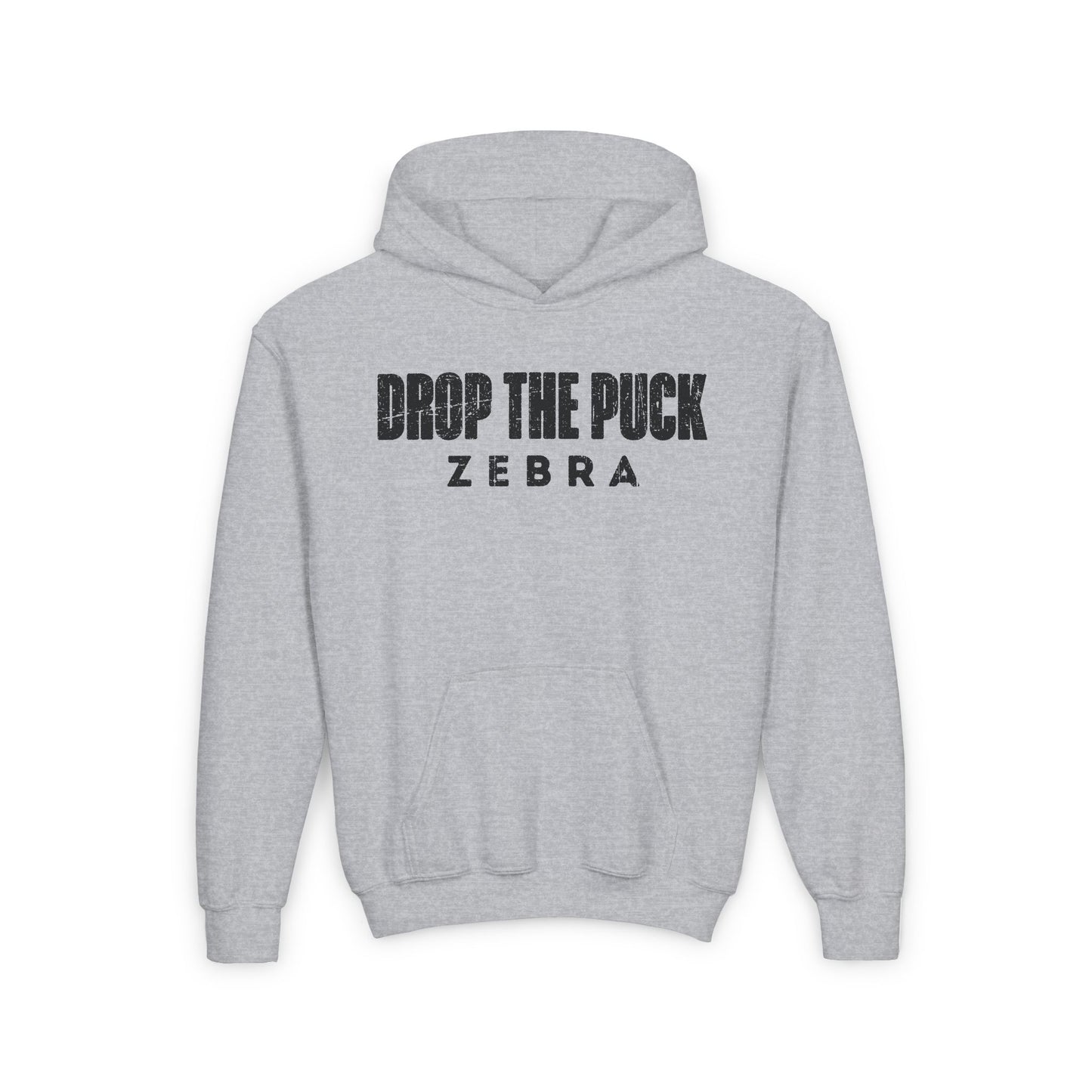Grey Front - Hockey Zebra - Kids Hockey Hoodie - Drop The Puck Zebra Kids Hockey Hoodie - Hockey Gifts - Gift For Hockey Players