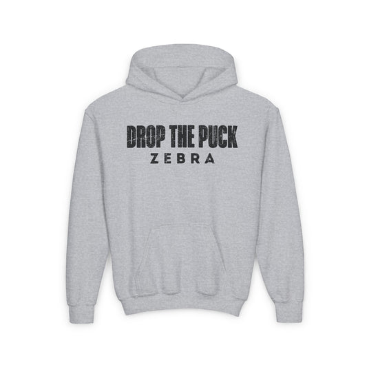 Funny Hockey Hoodie - Funny Hockey Gifts - Funny Gift For Hockey Players - Grey Front - Hockey Zebra - Kids Hockey Hoodie - Drop The Puck Zebra Kids Hockey Hoodie - Hockey Gifts - Gift For Hockey Players