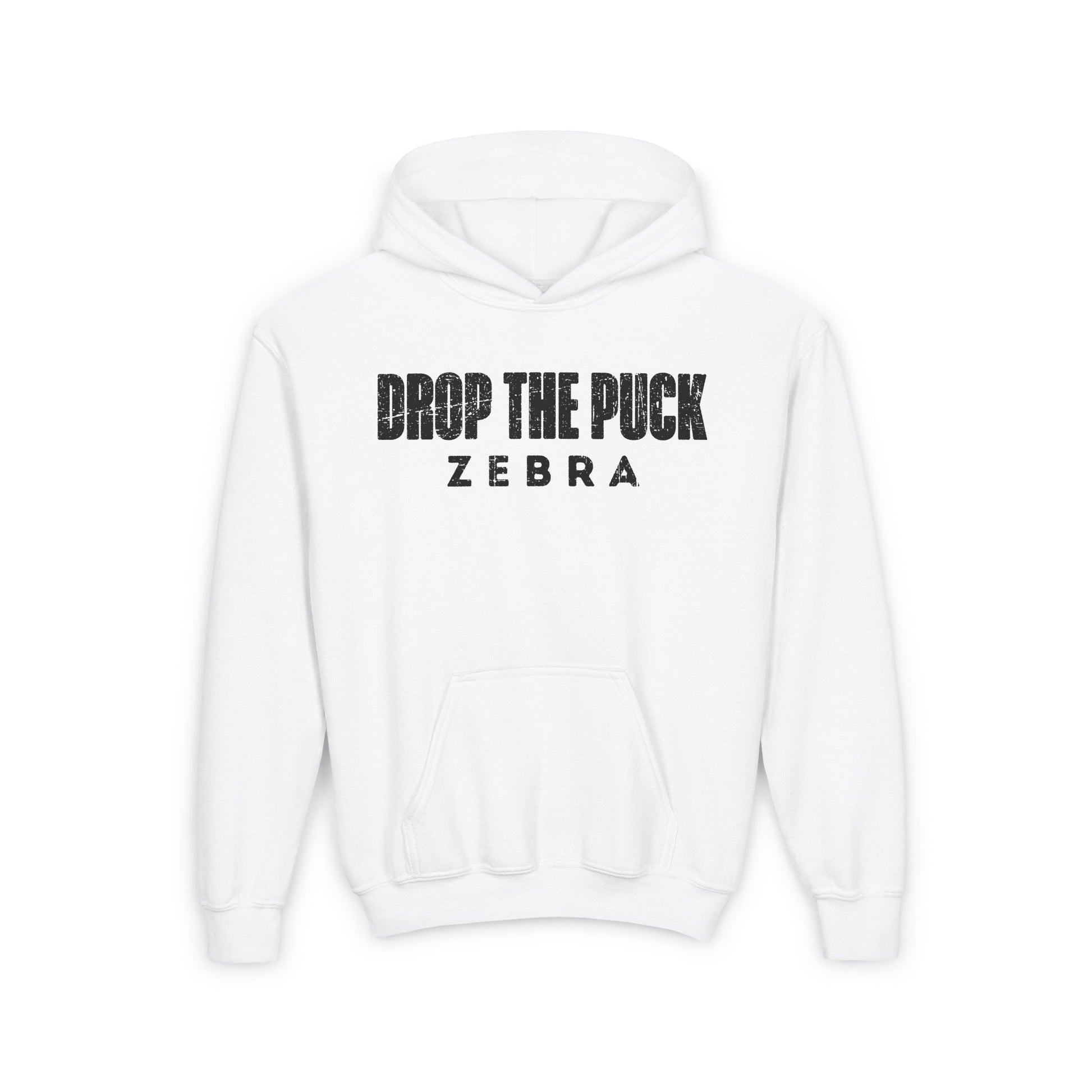 Funny Hockey Hoodie - Funny Hockey Gifts - Funny Gift For Hockey Players - White Front - Hockey Zebra - Kids Hockey Hoodie - Drop The Puck Zebra Kids Hockey Hoodie - Hockey Gifts - Gift For Hockey Players