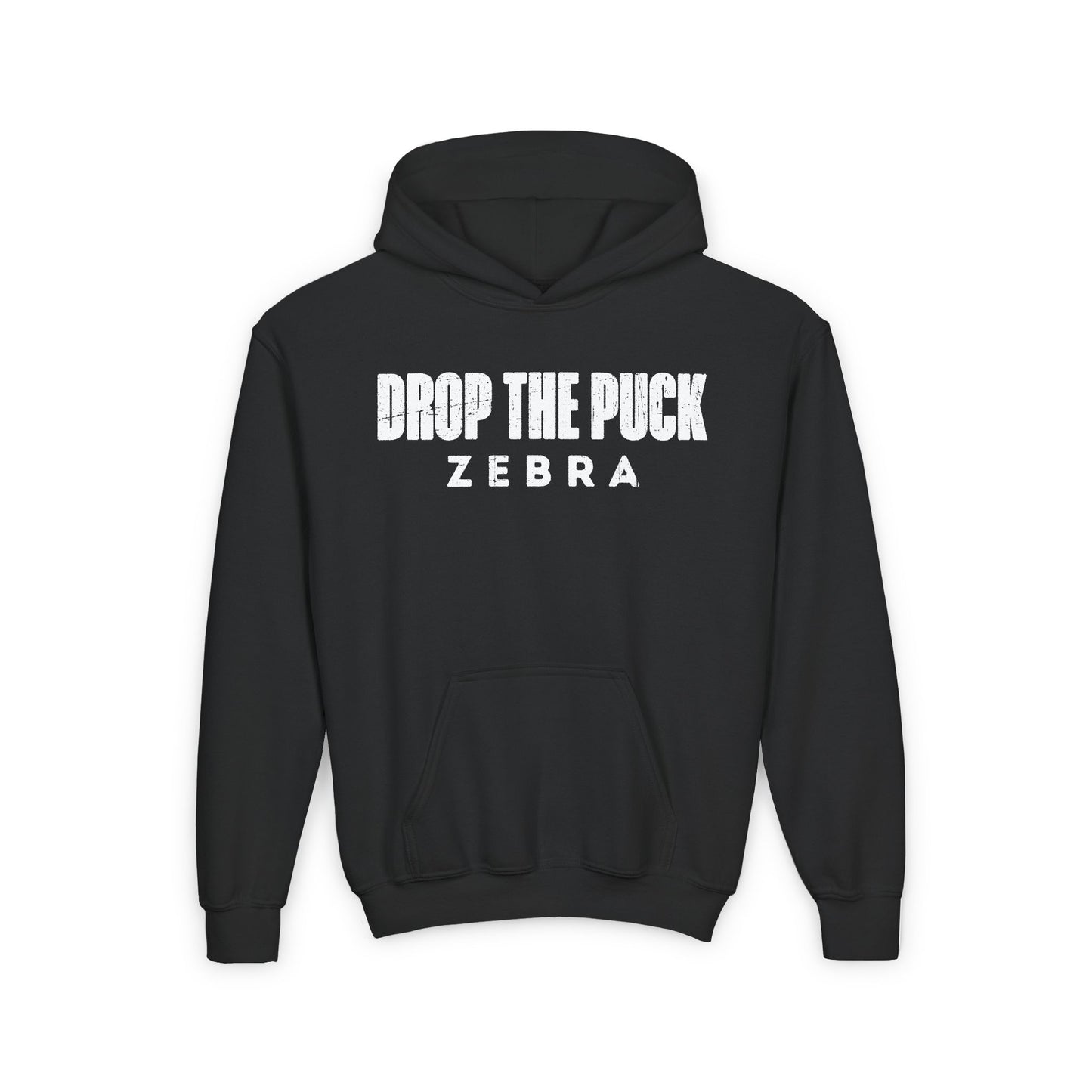Main Front - Hockey Zebra - Kids Hockey Hoodie - Drop The Puck Zebra Kids Hockey Hoodie - Hockey Gifts - Gift For Hockey Players