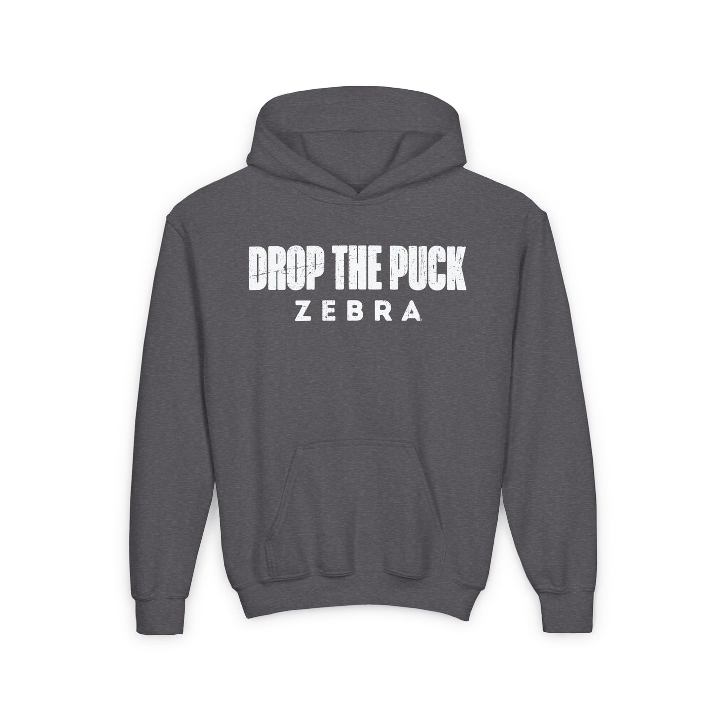 Dark Grey Front - Hockey Zebra - Kids Hockey Hoodie - Drop The Puck Zebra Kids Hockey Hoodie - Hockey Gifts - Gift For Hockey Players