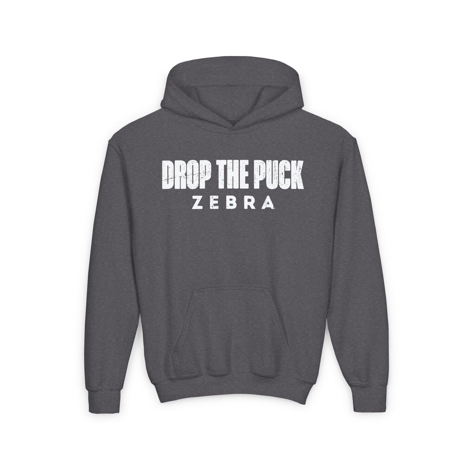 Funny Hockey Hoodie - Funny Hockey Gifts - Funny Gift For Hockey Players - Dark Grey Front - Hockey Zebra - Kids Hockey Hoodie - Drop The Puck Zebra Kids Hockey Hoodie - Hockey Gifts - Gift For Hockey Players