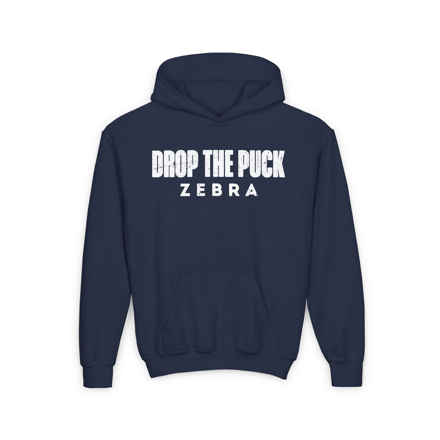 Navy Front - Hockey Zebra - Kids Hockey Hoodie - Drop The Puck Zebra Kids Hockey Hoodie - Hockey Gifts - Gift For Hockey Players