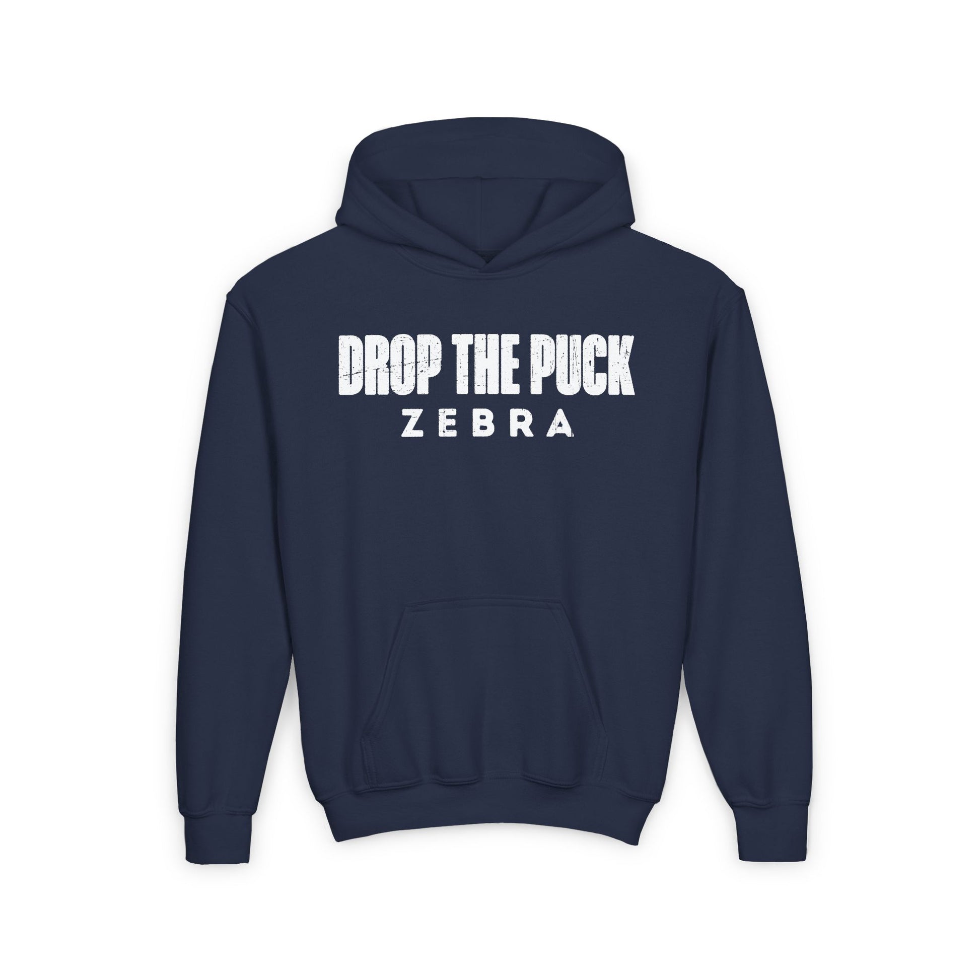 Funny Hockey Hoodie - Funny Hockey Gifts - Funny Gift For Hockey Players - Navy Front - Hockey Zebra - Kids Hockey Hoodie - Drop The Puck Zebra Kids Hockey Hoodie - Hockey Gifts - Gift For Hockey Players