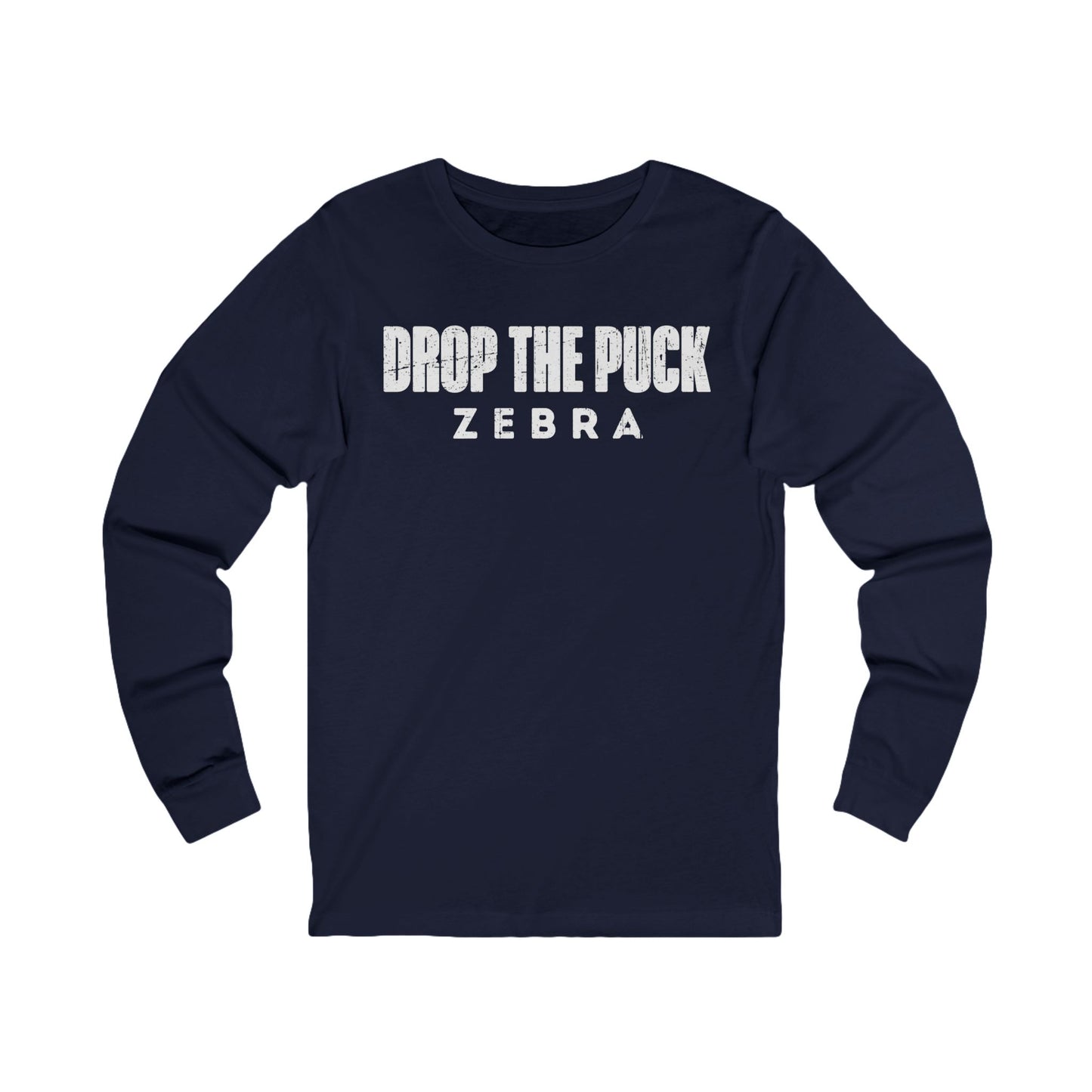 Navy Front - Hockey Zebra - Hockey Long Sleeve T-Shirt - Drop The Puck Zebra Hockey Long Sleeve Shirt - Hockey Gifts - Gift For Hockey Players
