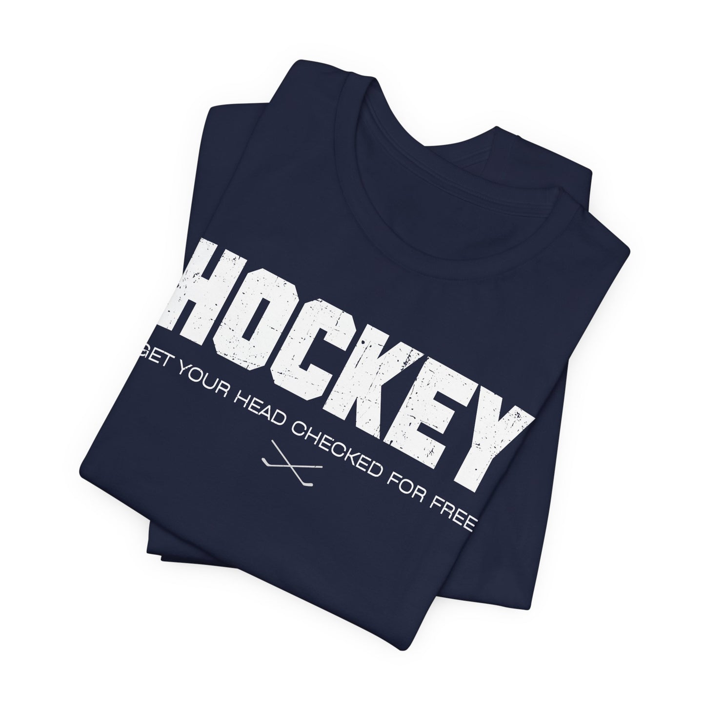 Funny Hockey T-Shirt - Funny Hockey Gifts - Funny Gift For Hockey Players - Size Chart - Navy Folded - Hockey Head - Hockey T-Shirt - Get Your Head Checked For Free Hockey Shirt - Hockey Gifts - Gift For Hockey Players