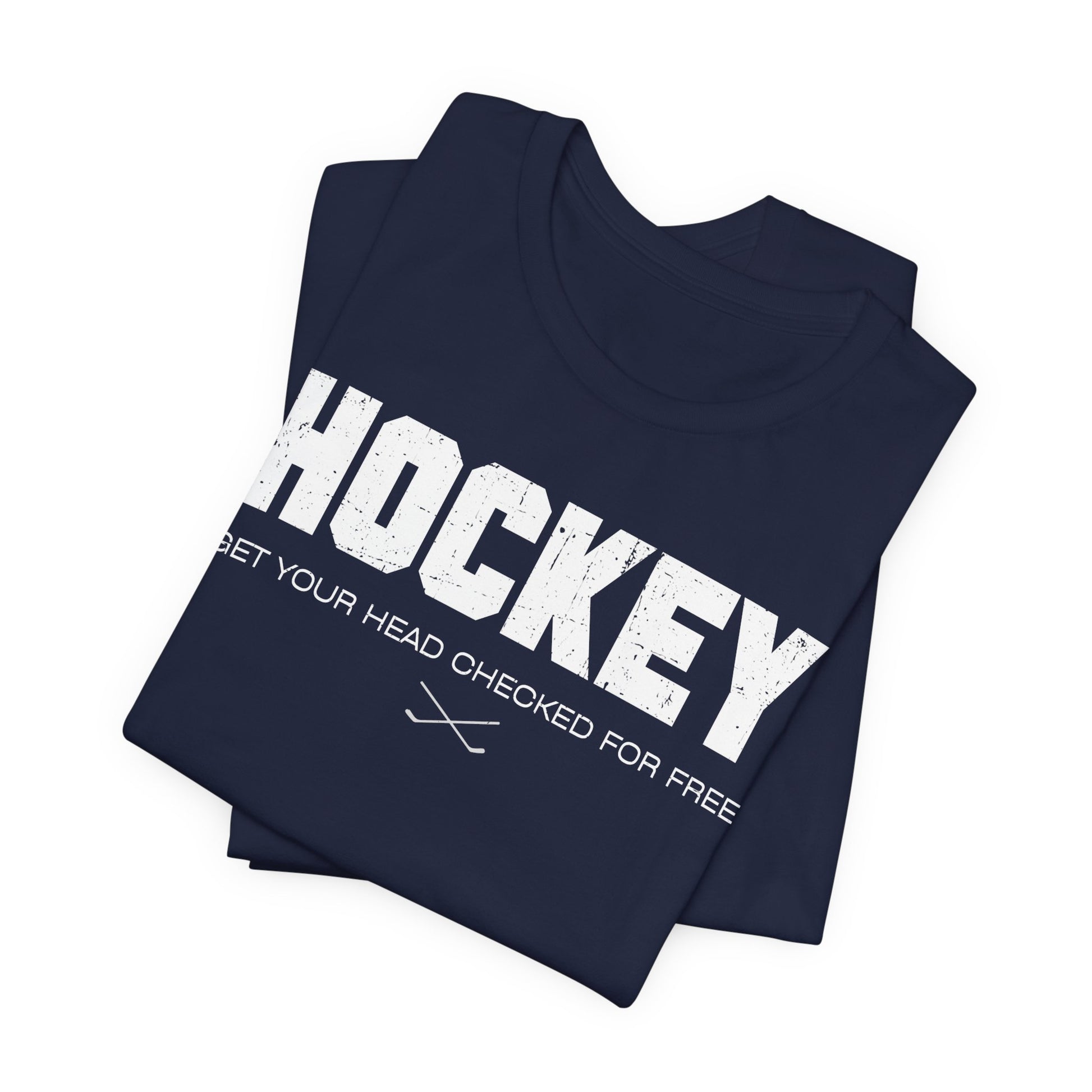 Funny Hockey T-Shirt - Funny Hockey Gifts - Funny Gift For Hockey Players - Size Chart - Navy Folded - Hockey Head - Hockey T-Shirt - Get Your Head Checked For Free Hockey Shirt - Hockey Gifts - Gift For Hockey Players