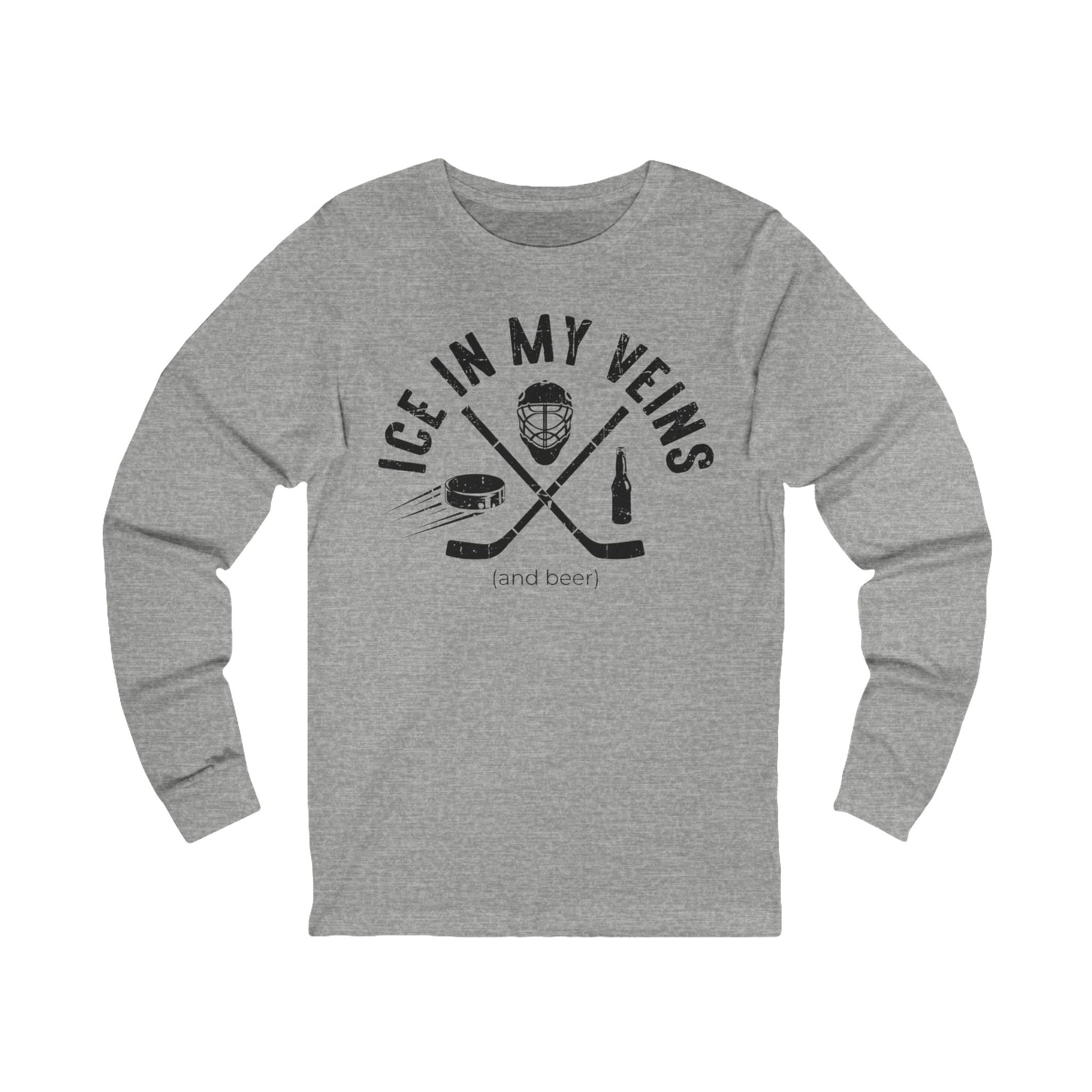 Grey Front - Hockey Veins - Hockey Long Sleeve T-Shirt - Ice In My Veins And Beer Hockey Long Sleeve Shirt- Hockey Gifts - Gift For Hockey Players