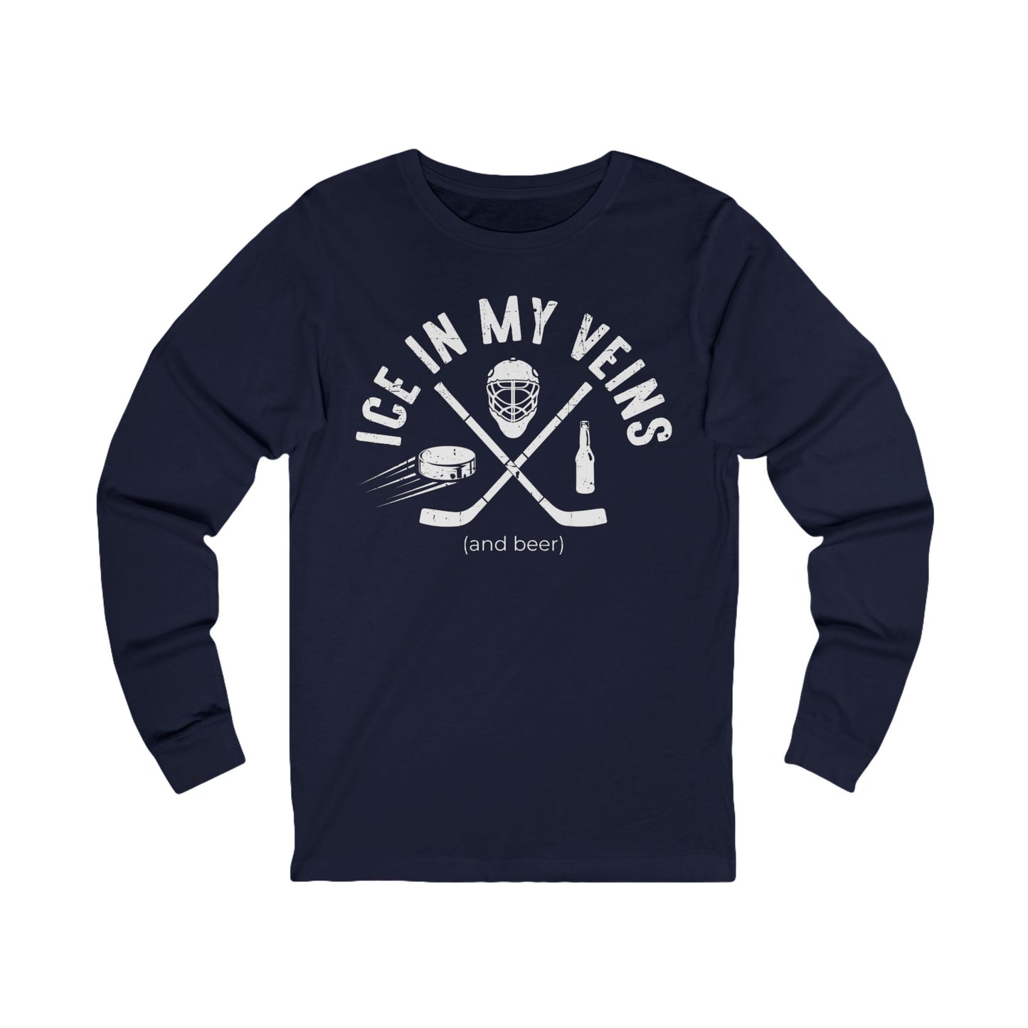 Navy Front - Hockey Veins - Hockey Long Sleeve T-Shirt - Ice In My Veins And Beer Hockey Long Sleeve Shirt- Hockey Gifts - Gift For Hockey Players