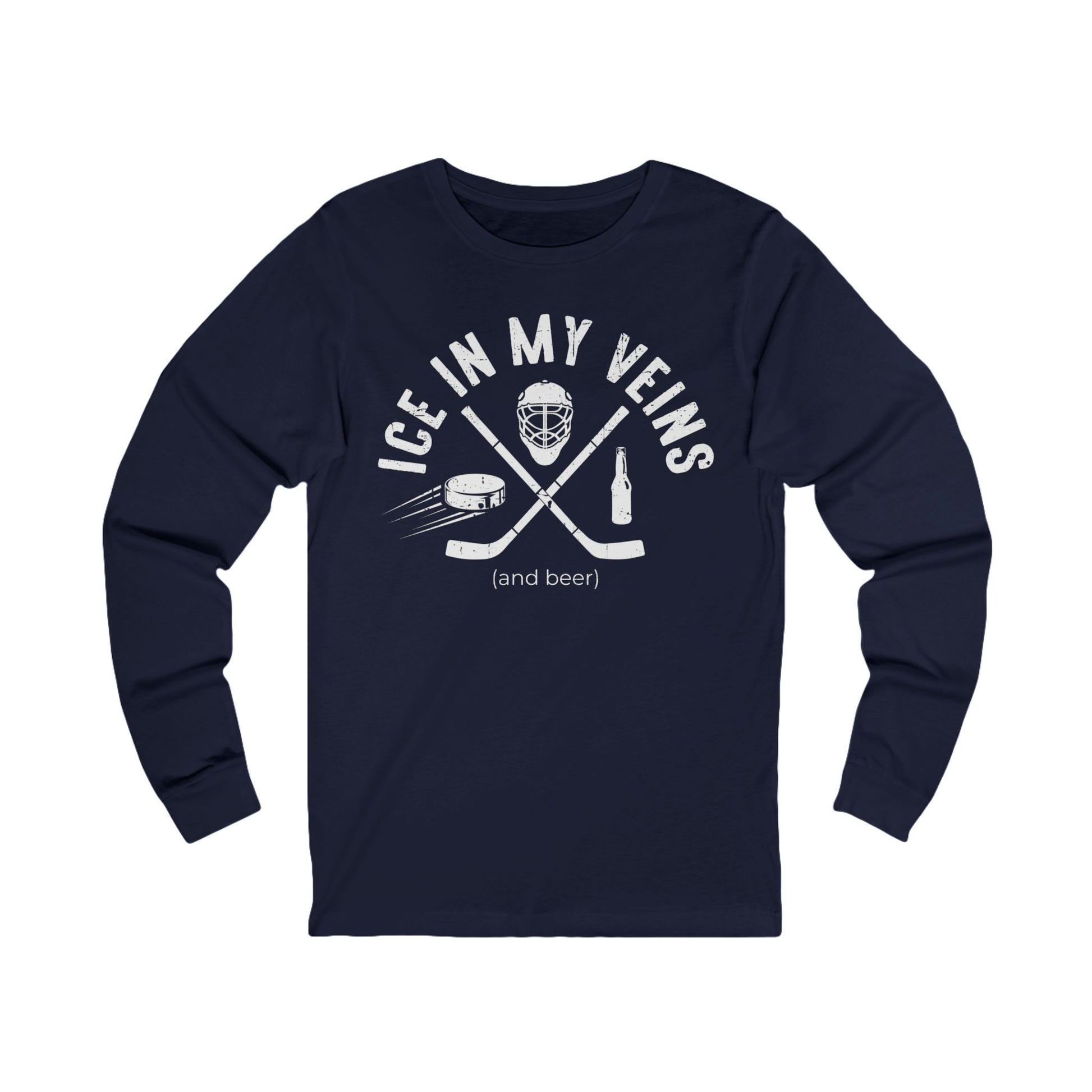 Navy Front - Hockey Veins - Hockey Long Sleeve T-Shirt - Ice In My Veins And Beer Hockey Long Sleeve Shirt- Hockey Gifts - Gift For Hockey Players