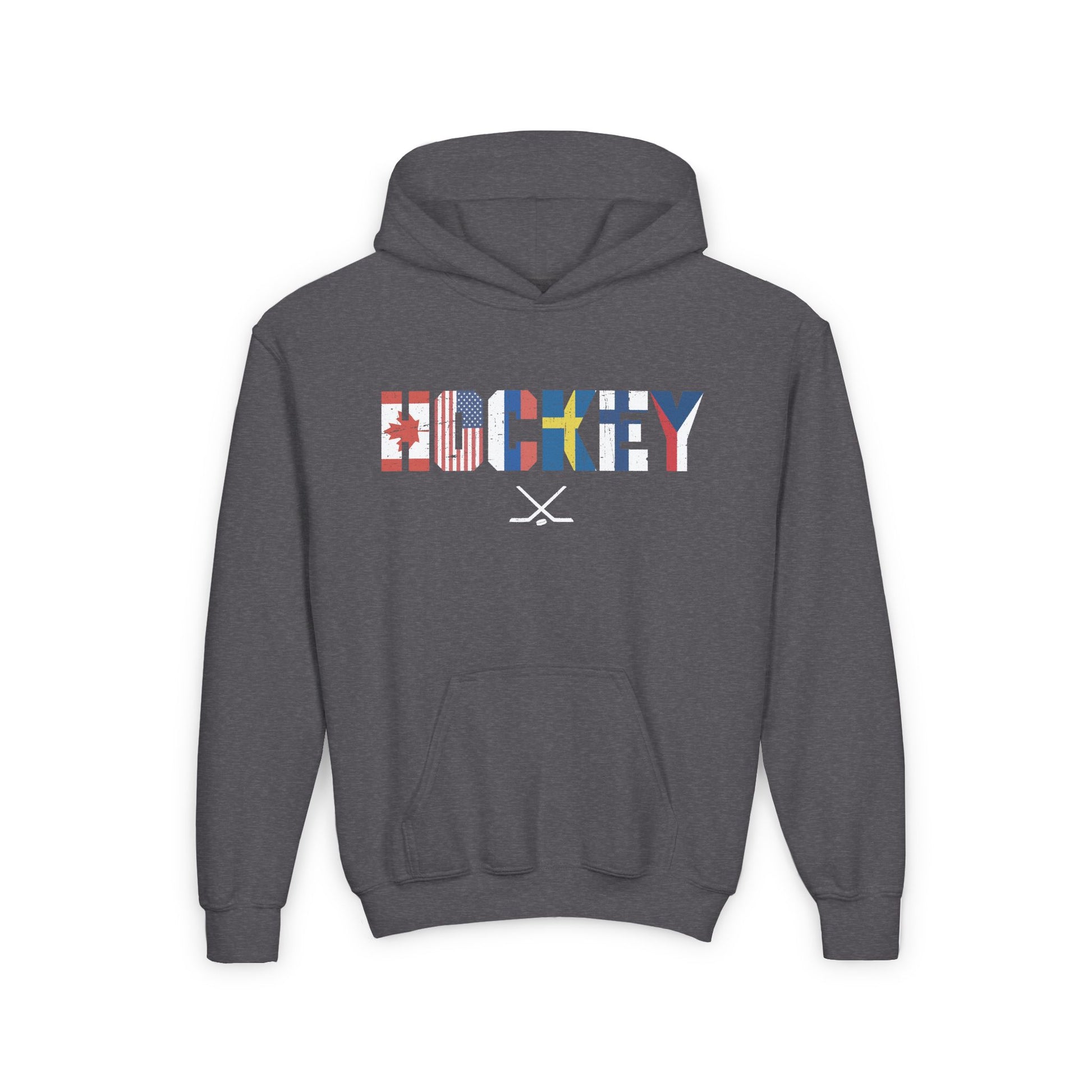 Dark Grey Front - Hockey Flags - Kids Hockey Hoodie - International Hockey Flags Kids Hockey Hoodie - Hockey Gifts - Gift For Hockey Players