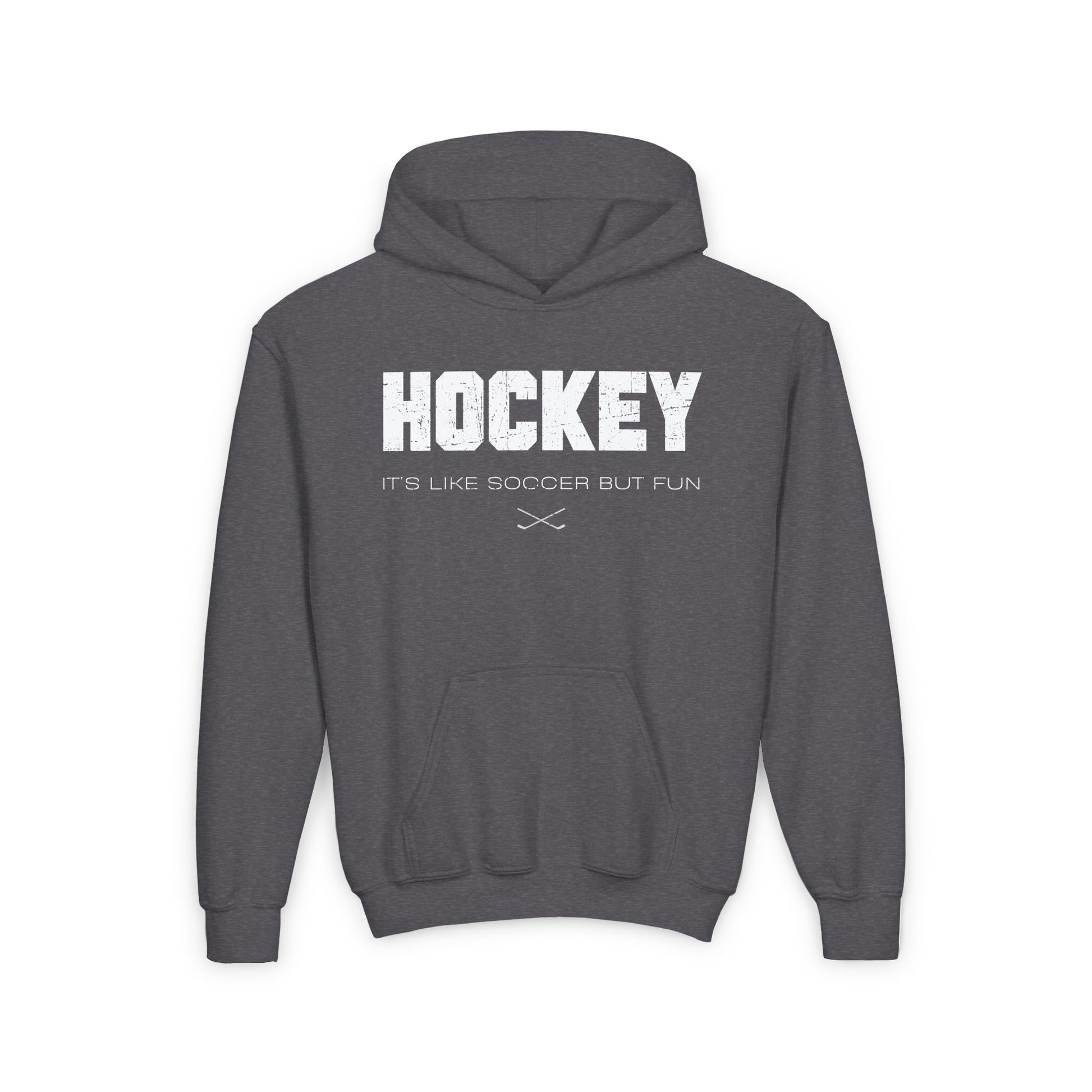 Funny Hockey Hoodie - Funny Hockey Gifts - Funny Gift For Hockey Players - Dark Grey Front - Hockey Like Soccer - Kids Hockey Hoodie - It's Like Soccer But Fun Kids Hockey Hoodie - Hockey Gifts - Gift For Hockey Players