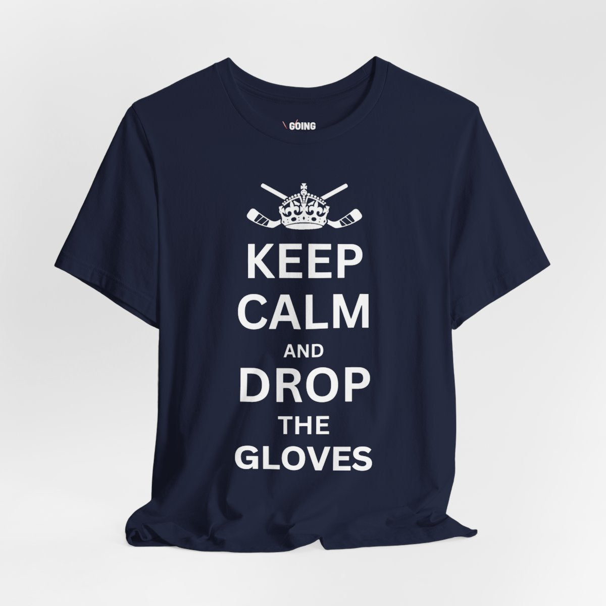 Funny Hockey T-Shirt - Funny Hockey Gifts - Funny Gift For Hockey Players - Size Chart - Navy Front - Hockey Gloves - Hockey T-Shirt - Keep Calm And Drop The Gloves Hockey Shirt - Hockey Gifts - Gift For Hockey Players