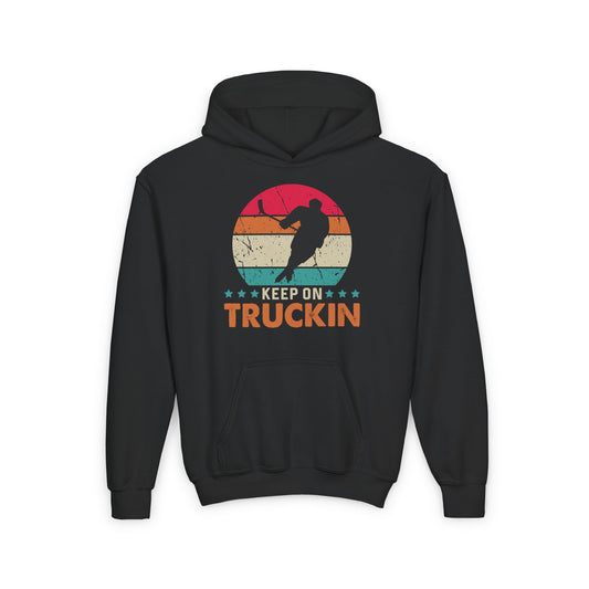 Funny Hockey Hoodie - Funny Hockey Gifts - Funny Gift For Hockey Players - Main Front - Hockey Truckin - Kids Hockey Hoodie - Keep On Truckin Kids Hockey Hoodie - Hockey Gifts - Gift For Hockey Players