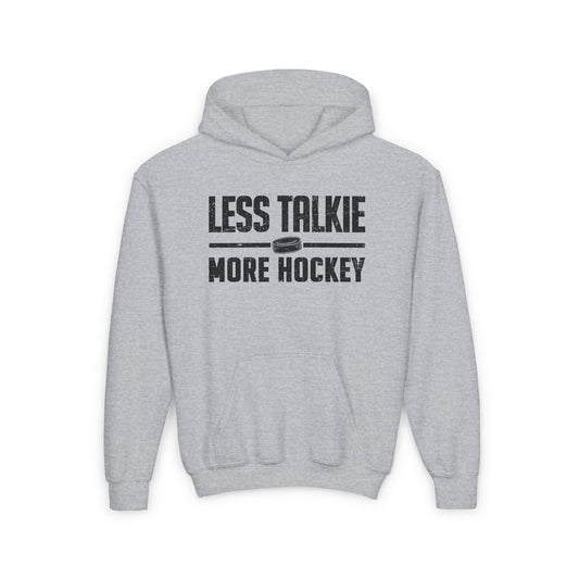 Funny Hockey Hoodie - Funny Hockey Gifts - Funny Gift For Hockey Players - Main Front - More Hockey - Kids Hockey Hoodie - Less Talkie More Hockey Kids Hockey Hoodie - Hockey Gifts - Gift For Hockey Players