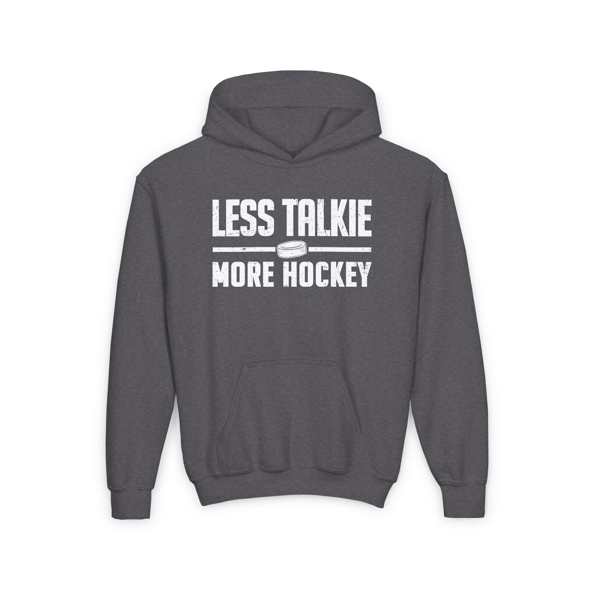 Funny Hockey Hoodie - Funny Hockey Gifts - Funny Gift For Hockey Players - Dark Grey Front - More Hockey - Kids Hockey Hoodie - Less Talkie More Hockey Kids Hockey Hoodie - Hockey Gifts - Gift For Hockey Players