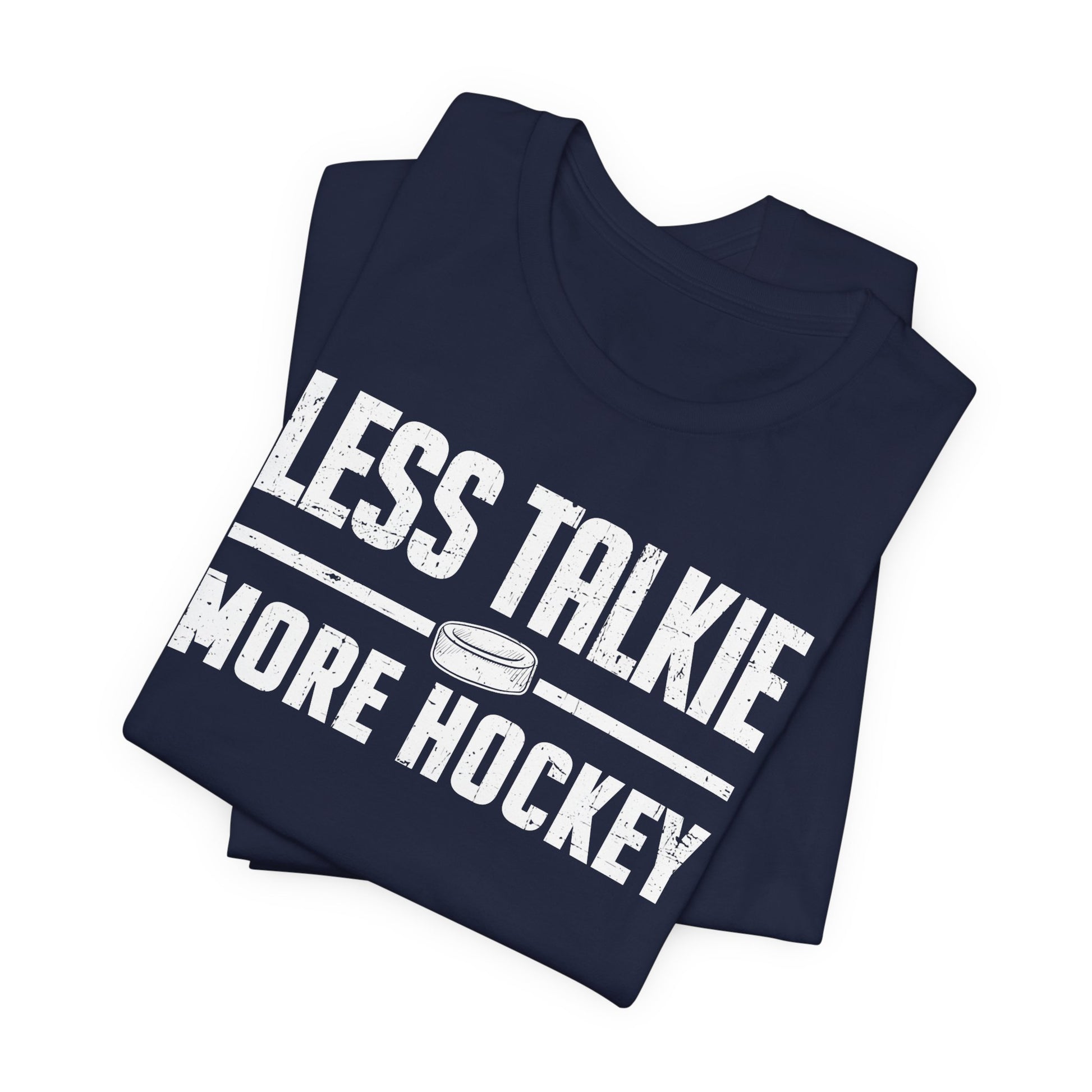 Funny Hockey T-Shirt - Funny Hockey Gifts - Funny Gift For Hockey Players - Size Chart - Navy Folded - More Hockey - Hockey T-Shirt - Less Talkie More Hockey Hockey Shirt  - Hockey Gifts - Gift For Hockey Players