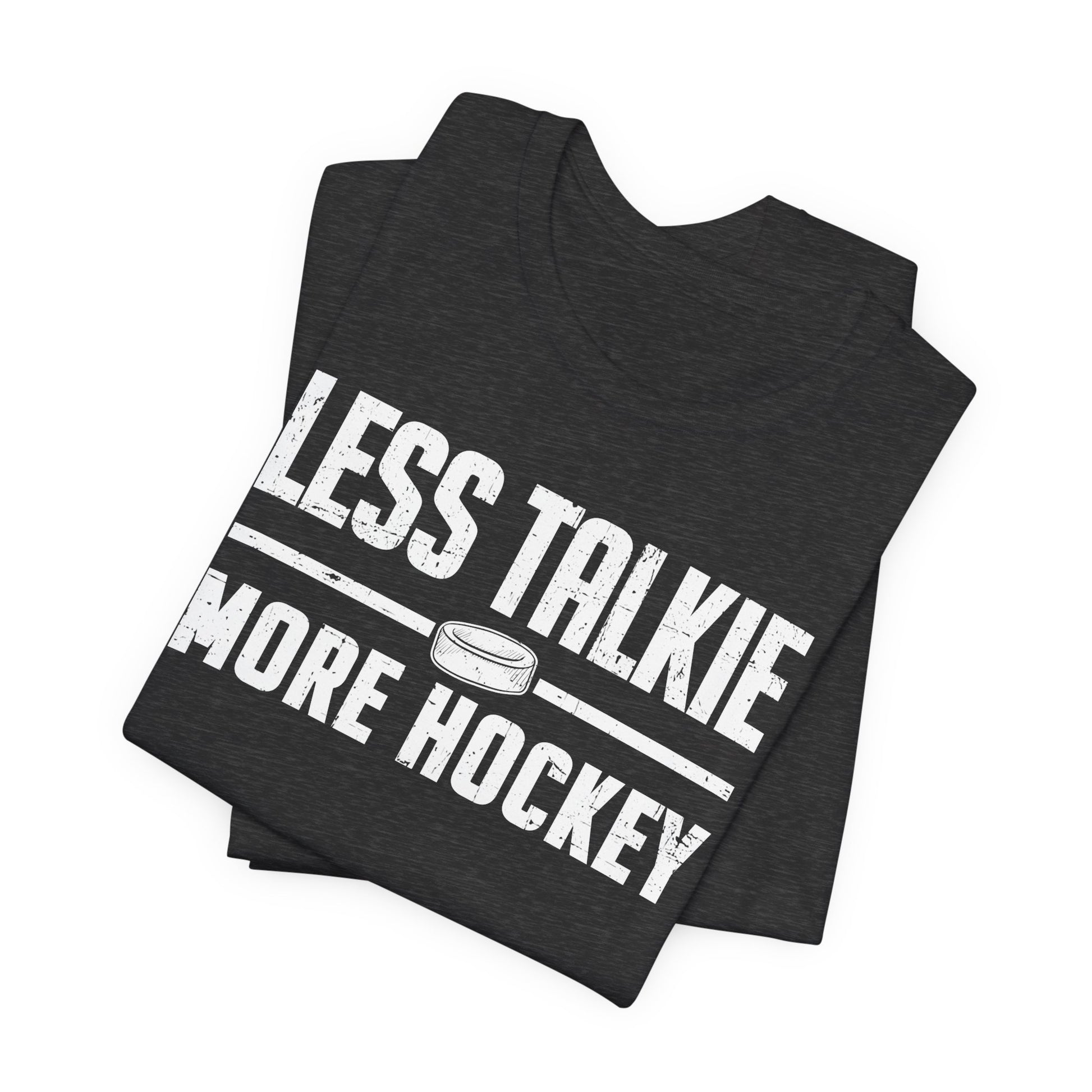 Funny Hockey T-Shirt - Funny Hockey Gifts - Funny Gift For Hockey Players - Size Chart - Dark Gray Folded - More Hockey - Hockey T-Shirt - Less Talkie More Hockey Hockey Shirt  - Hockey Gifts - Gift For Hockey Players