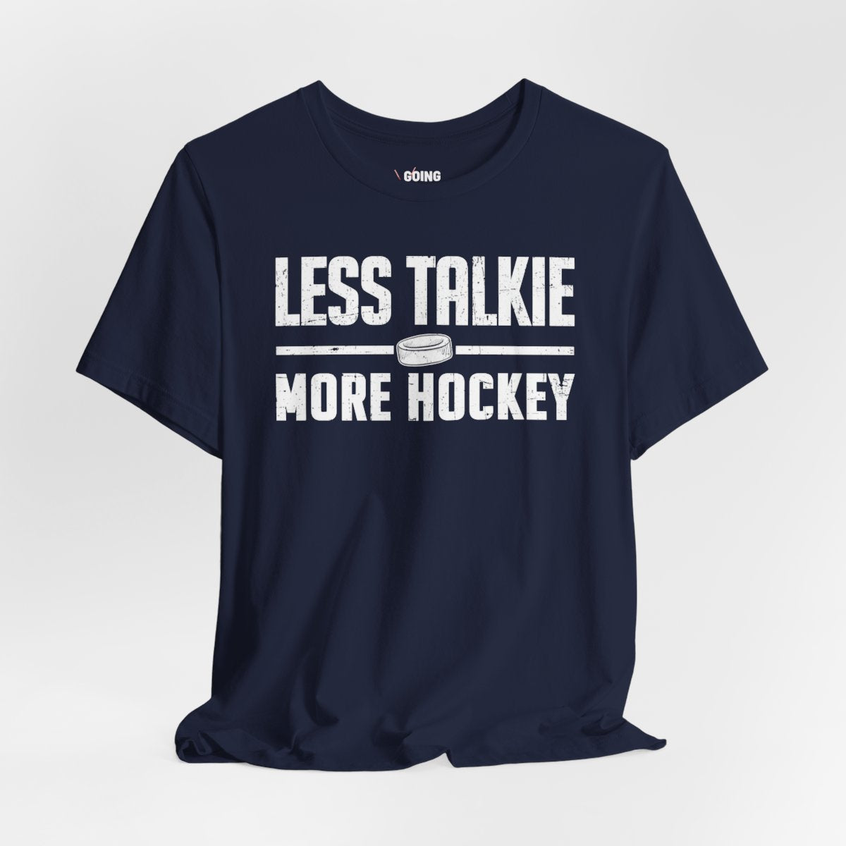 Funny Hockey T-Shirt - Funny Hockey Gifts - Funny Gift For Hockey Players - Size Chart - Navy Front - More Hockey - Hockey T-Shirt - Less Talkie More Hockey Hockey Shirt  - Hockey Gifts - Gift For Hockey Players