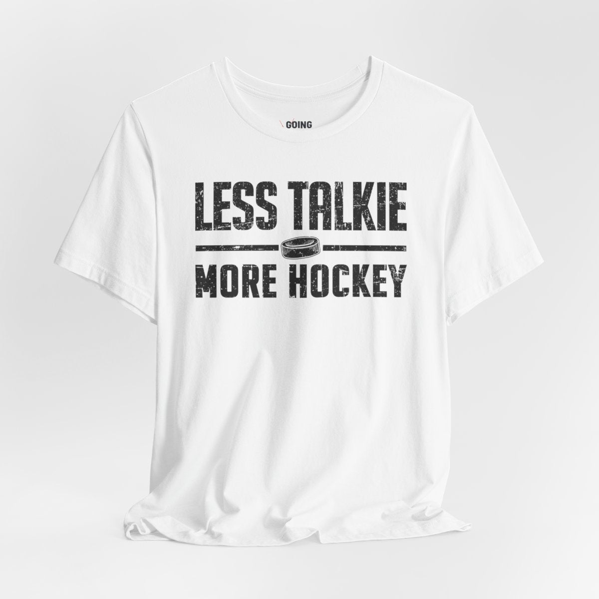 Funny Hockey T-Shirt - Funny Hockey Gifts - Funny Gift For Hockey Players - Size Chart - White Front - More Hockey - Hockey T-Shirt - Less Talkie More Hockey Hockey Shirt  - Hockey Gifts - Gift For Hockey Players