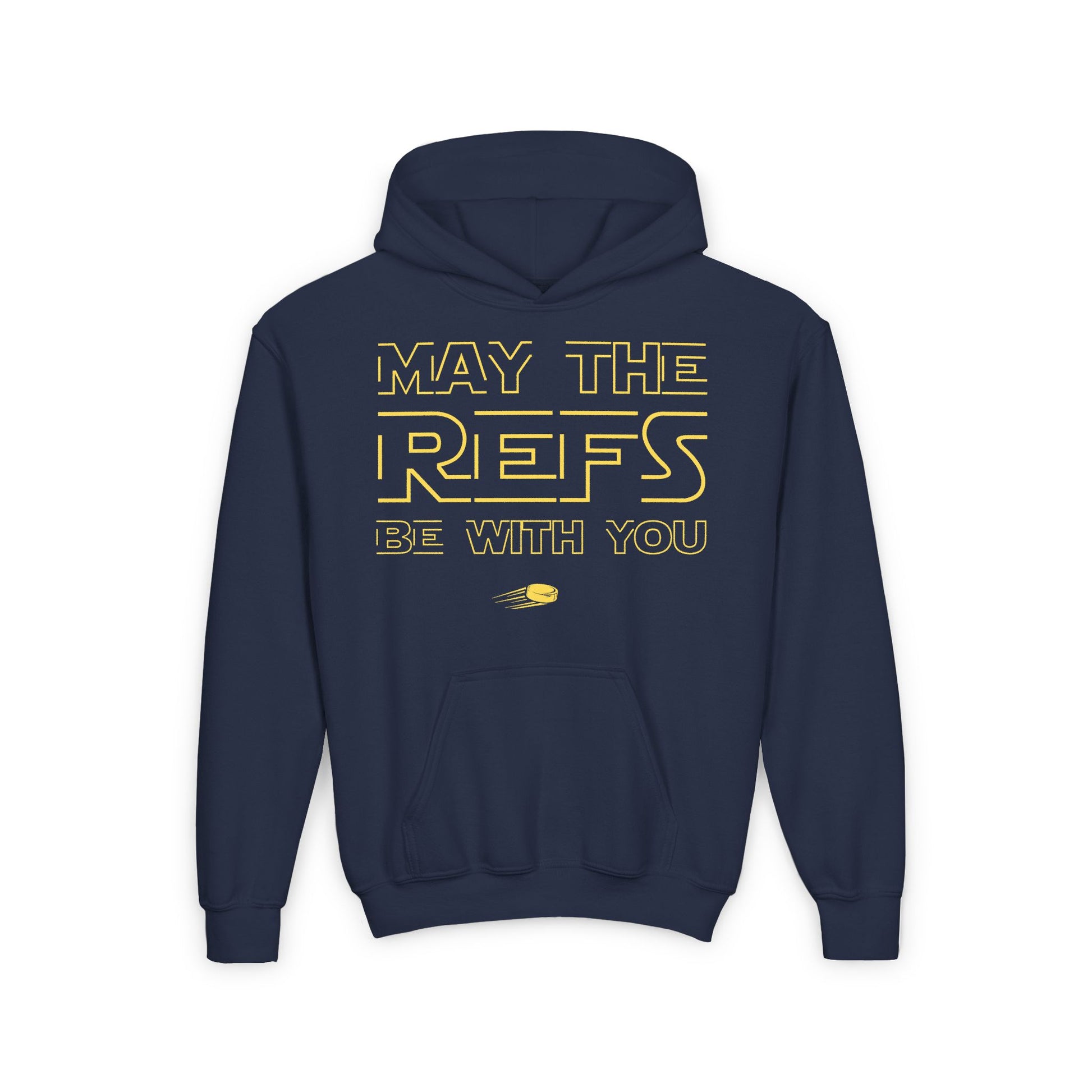 Funny Hockey Hoodie - Funny Hockey Gifts - Funny Gift For Hockey Players - Navy Front - Hockey Refs - Kids Hockey Hoodie - May The Refs Be With You Kids Hockey Hoodie - Hockey Gifts - Gift For Hockey Players