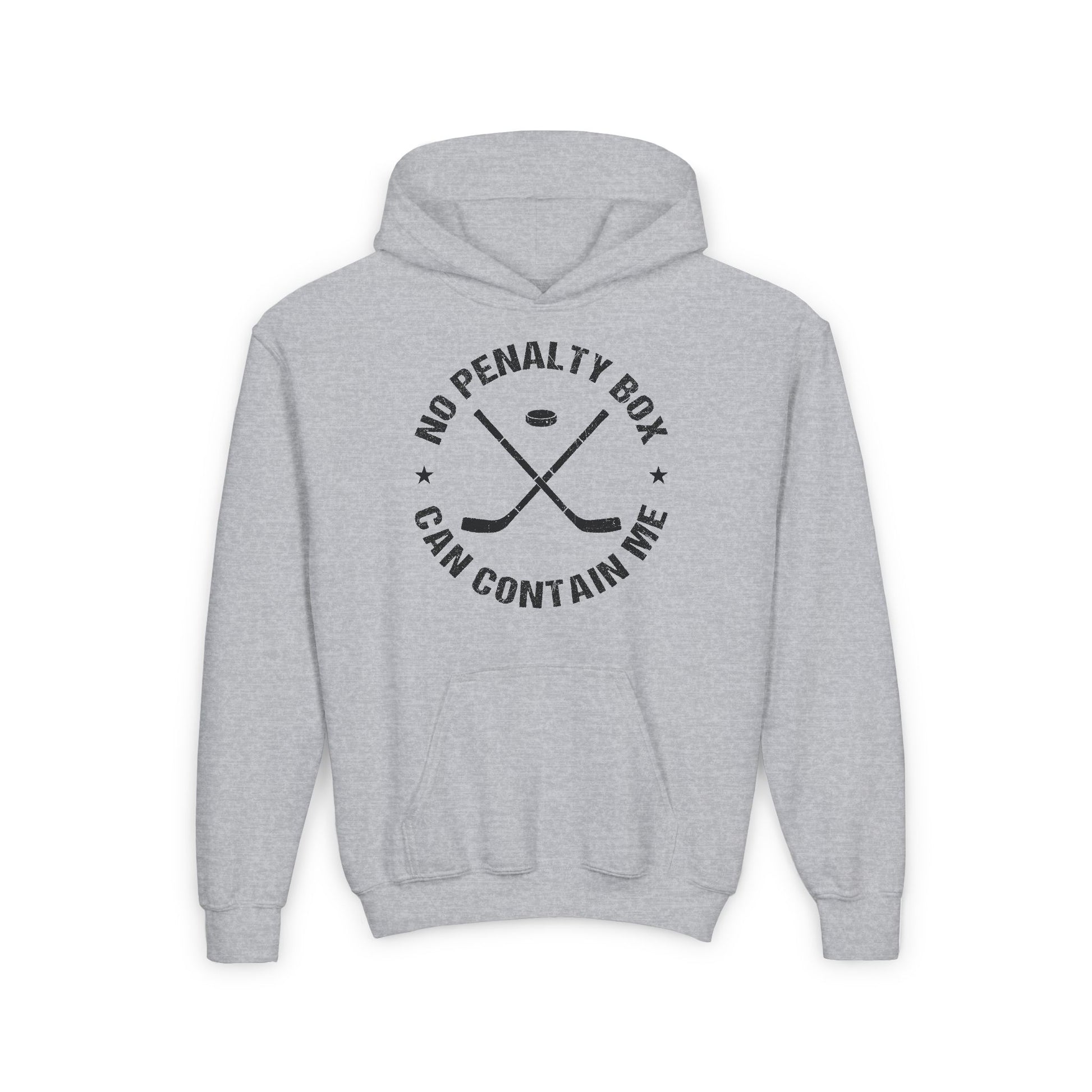 Funny Hockey Hoodie - Funny Hockey Gifts - Funny Gift For Hockey Players - Main Front - Unrestrained Hockey - Kids Hockey Hoodie - No Penalty Box Can Contain Me Kids Hockey Hoodie - Hockey Gifts - Gift For Hockey Players