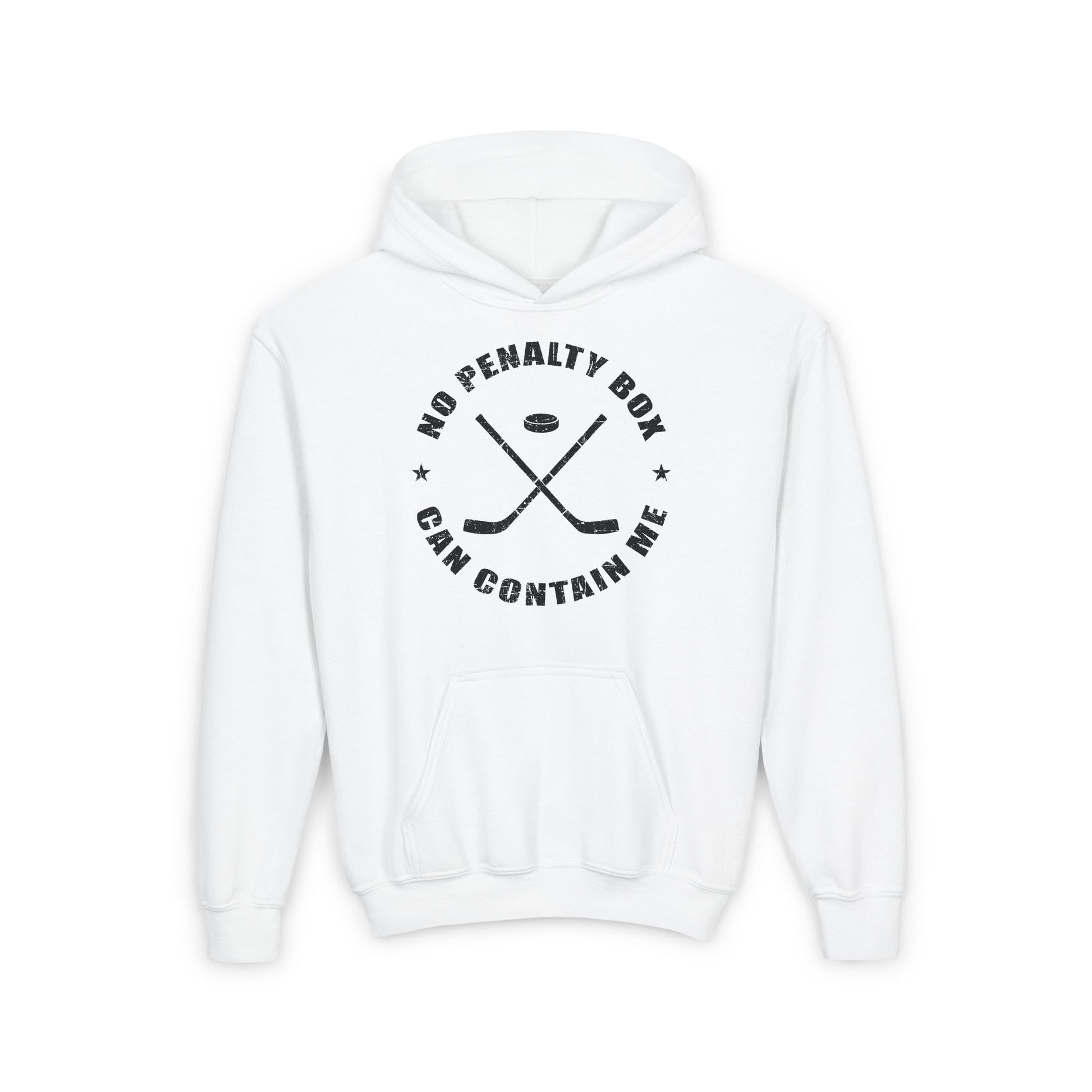 Funny Hockey Hoodie - Funny Hockey Gifts - Funny Gift For Hockey Players - White Front - Unrestrained Hockey - Kids Hockey Hoodie - No Penalty Box Can Contain Me Kids Hockey Hoodie - Hockey Gifts - Gift For Hockey Players