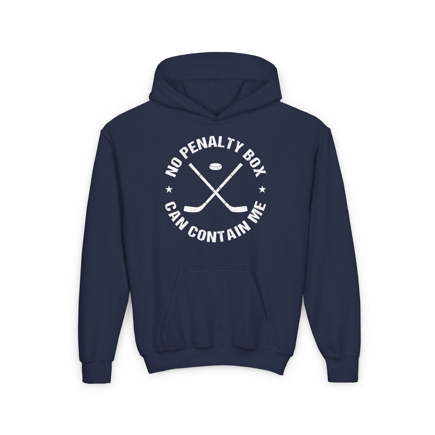 NavY Front - Unrestrained Hockey - Kids Hockey Hoodie - No Penalty Box Can Contain Me Kids Hockey Hoodie - Hockey Gifts - Gift For Hockey Players