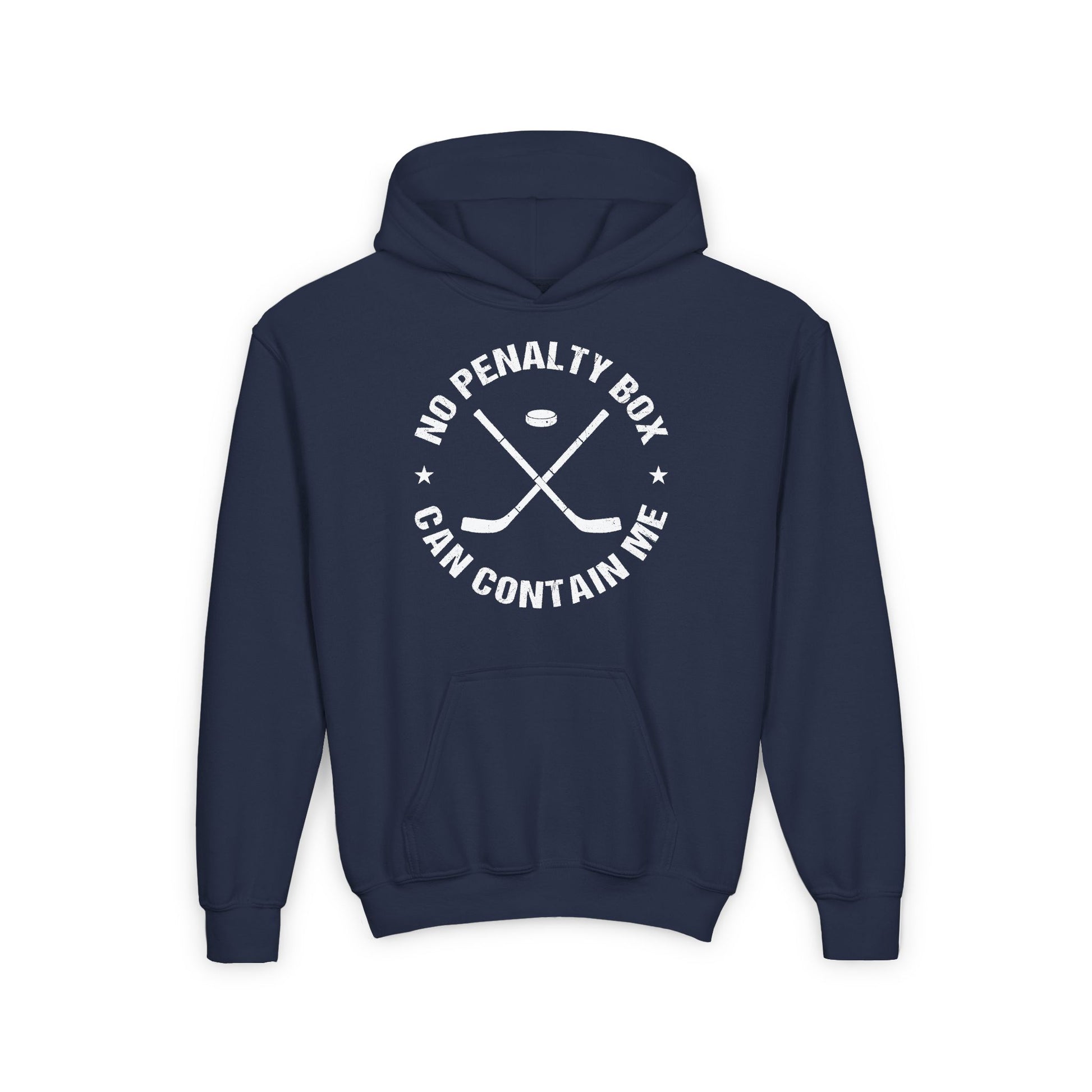 Funny Hockey Hoodie - Funny Hockey Gifts - Funny Gift For Hockey Players - NavY Front - Unrestrained Hockey - Kids Hockey Hoodie - No Penalty Box Can Contain Me Kids Hockey Hoodie - Hockey Gifts - Gift For Hockey Players
