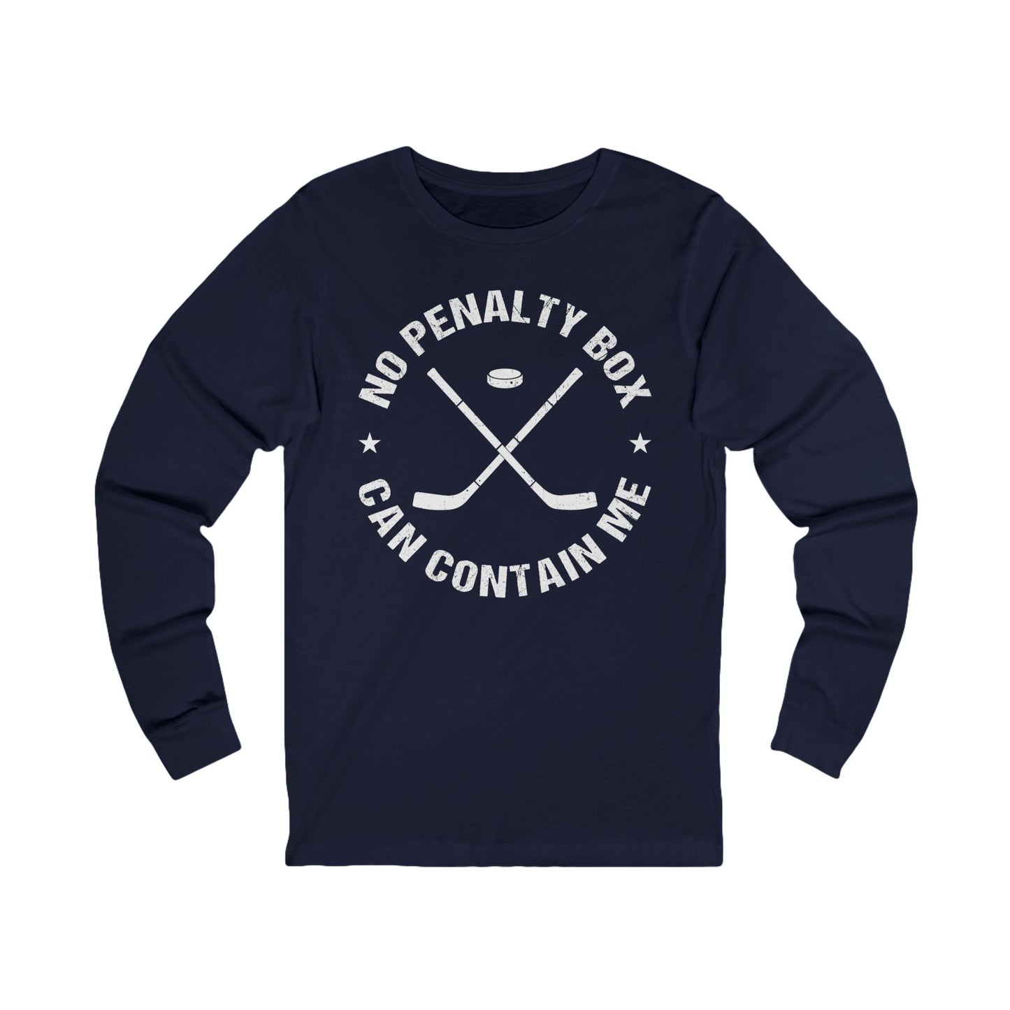 Navy Front - Unrestrained Hockey - Hockey Long Sleeve T-Shirt - No Penalty Box Can Contain Me Hockey Long Sleeve Shirt - Hockey Gifts - Gift For Hockey Players