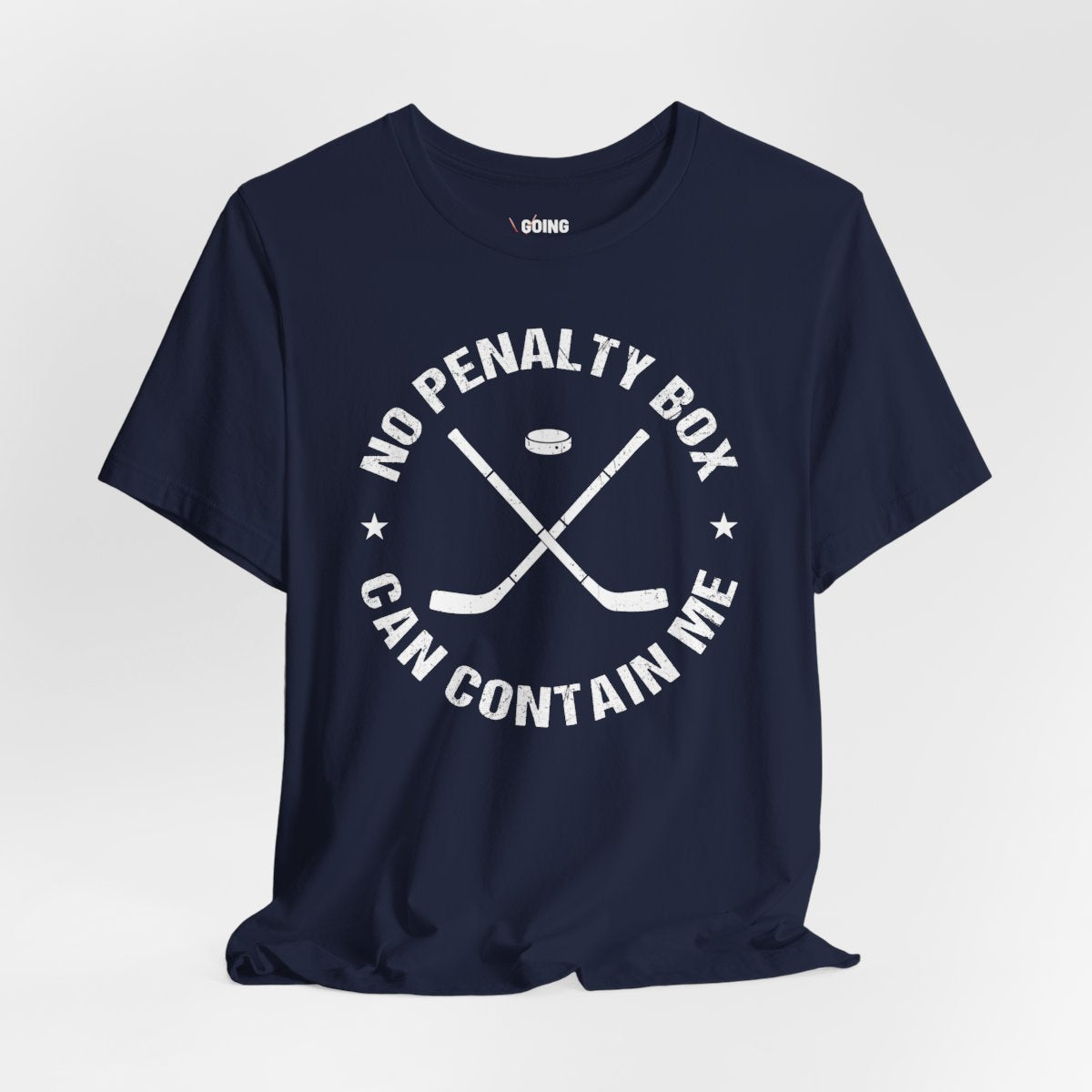 Funny Hockey T-Shirt - Funny Hockey Gifts - Funny Gift For Hockey Players - Size Chart - Front Navy - Unrestrained Hockey - Hockey T-Shirt - No Penalty Box Can Contain Me Hockey Shirt - Hockey Gifts - Gift For Hockey Players