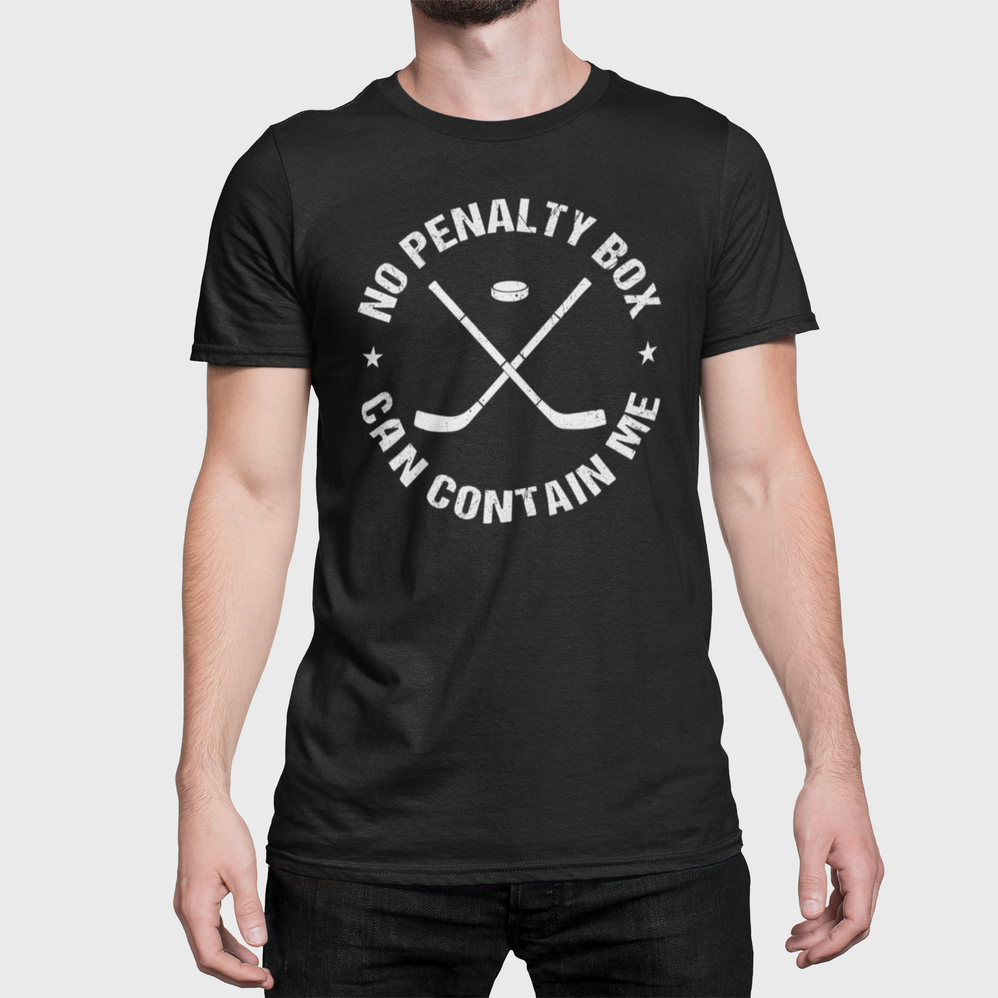 Funny Hockey T-Shirt - Funny Hockey Gifts - Funny Gift For Hockey Players - Size Chart - Mockup 2 - Unrestrained Hockey - Hockey T-Shirt - No Penalty Box Can Contain Me Hockey Shirt - Hockey Gifts - Gift For Hockey Players