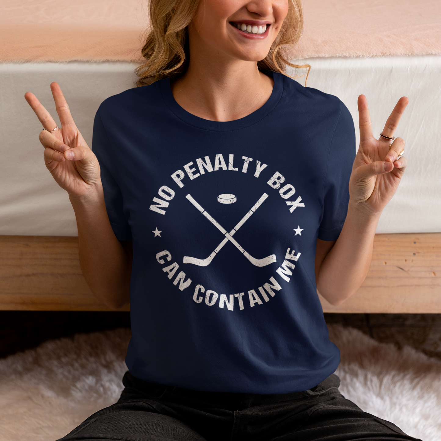 Funny Hockey T-Shirt - Funny Hockey Gifts - Funny Gift For Hockey Players - Size Chart - Mockup 3 - Unrestrained Hockey - Hockey T-Shirt - No Penalty Box Can Contain Me Hockey Shirt - Hockey Gifts - Gift For Hockey Players
