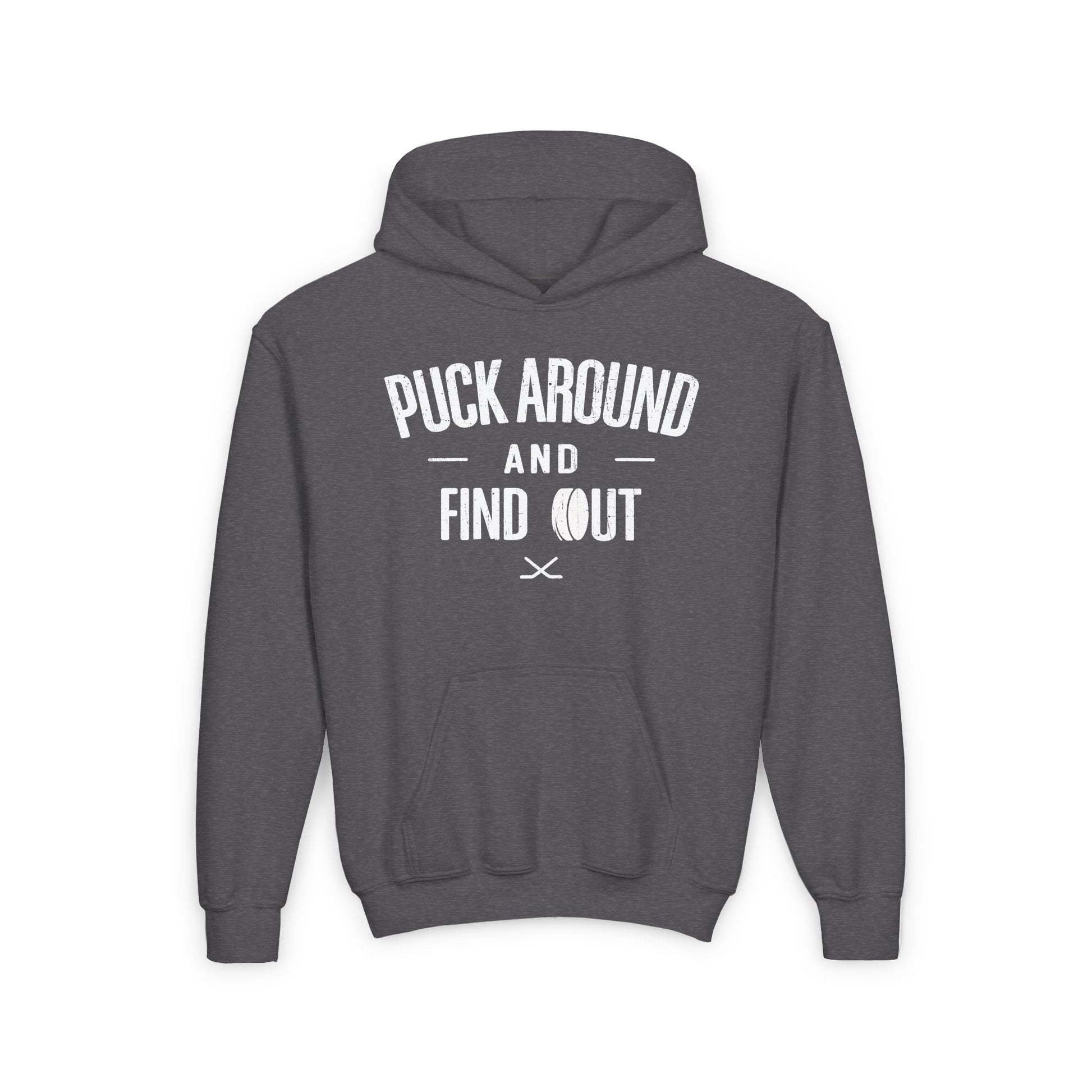 Funny Hockey Hoodie - Funny Hockey Gifts - Funny Gift For Hockey Players - Dark Grey Front - Puck Around Hockey - Kids Hockey Hoodie - Puck Around And Find Out Kids Hockey Hoodie - Hockey Gifts - Gift For Hockey Players