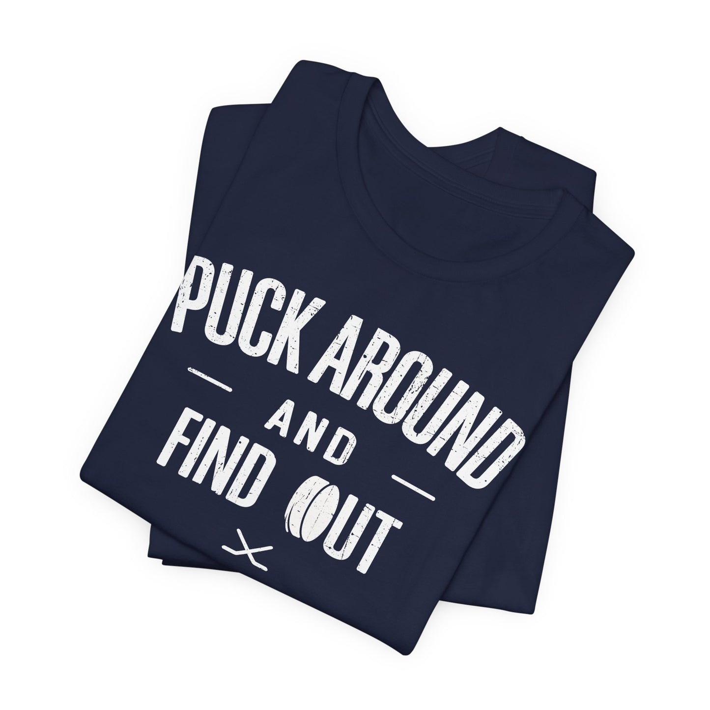 Funny Hockey T-Shirt - Funny Hockey Gifts - Funny Gift For Hockey Players - Size Chart - Navy Folded - Puck Around Hockey - Hockey T-Shirt - Puck Around And Find Out Hockey Shirt - Hockey Gifts - Gift For Hockey Players