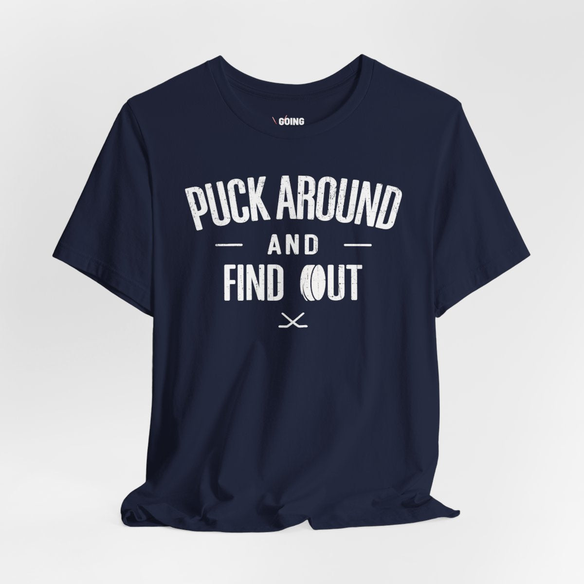 Funny Hockey T-Shirt - Funny Hockey Gifts - Funny Gift For Hockey Players - Size Chart - Navy Front - Puck Around Hockey - Hockey T-Shirt - Puck Around And Find Out Hockey Shirt - Hockey Gifts - Gift For Hockey Players