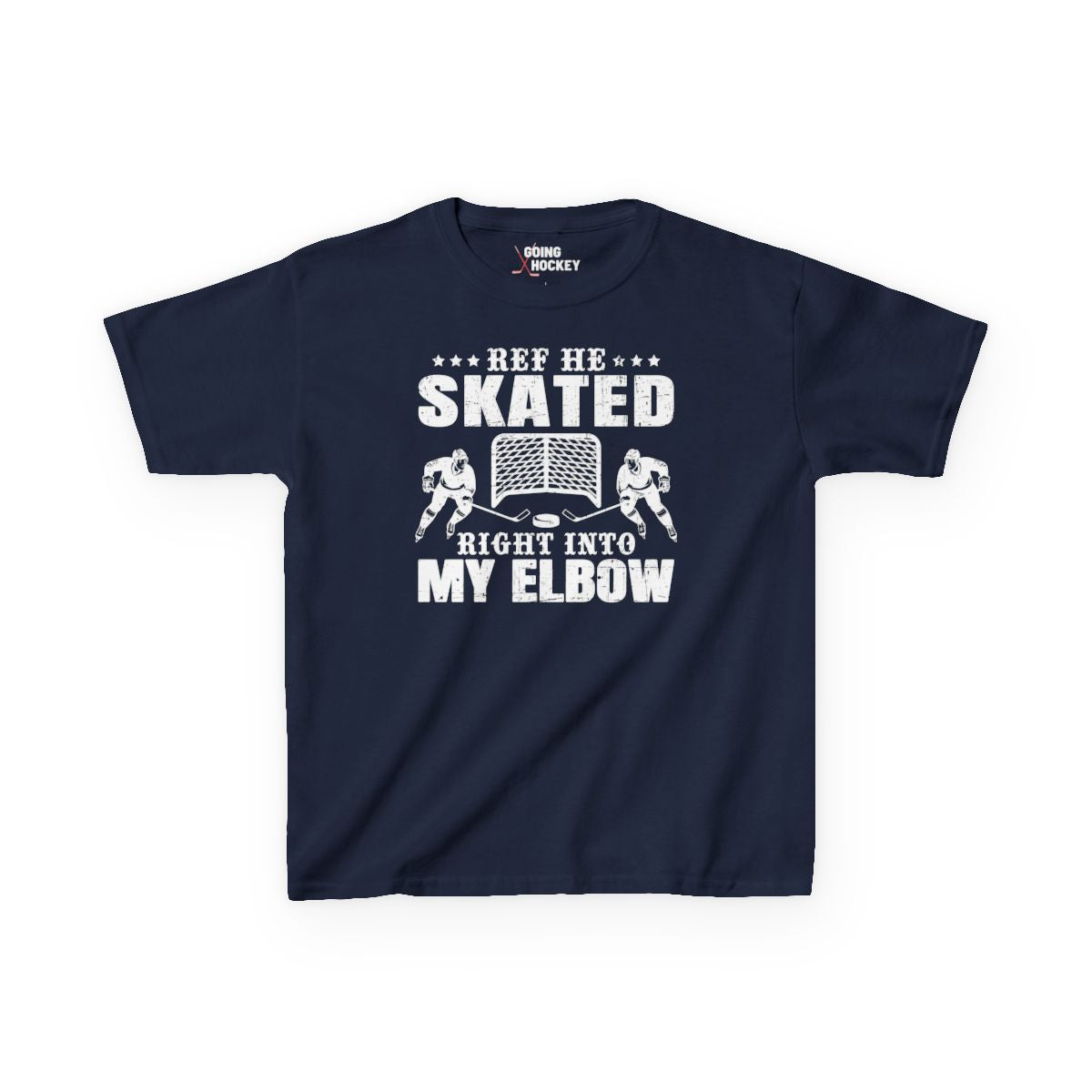 Funny Hockey Shirt - Funny Hockey Gifts - Funny Gift For Hockey Players - Navy Front - Hockey Elbow - Kids Hockey T-Shirt - Ref He Skated Right Into My Elbow Kids Hockey Shirt - Hockey Gifts - Gift For Hockey Players
