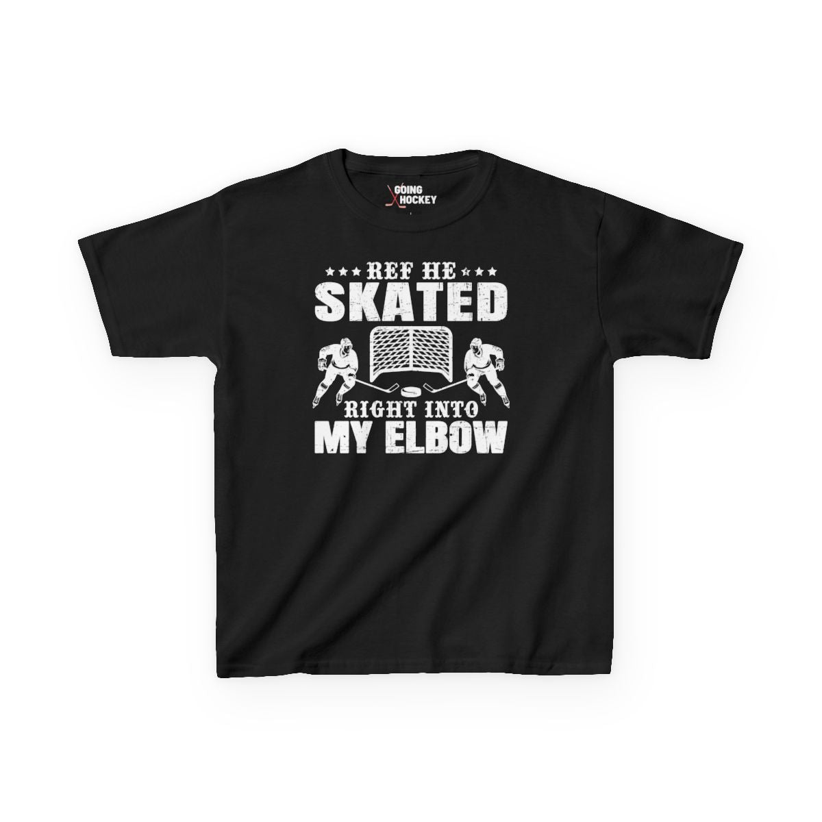 Funny Hockey Shirt - Funny Hockey Gifts - Funny Gift For Hockey Players - Main Front - Hockey Elbow - Kids Hockey T-Shirt - Ref He Skated Right Into My Elbow Kids Hockey Shirt - Hockey Gifts - Gift For Hockey Players