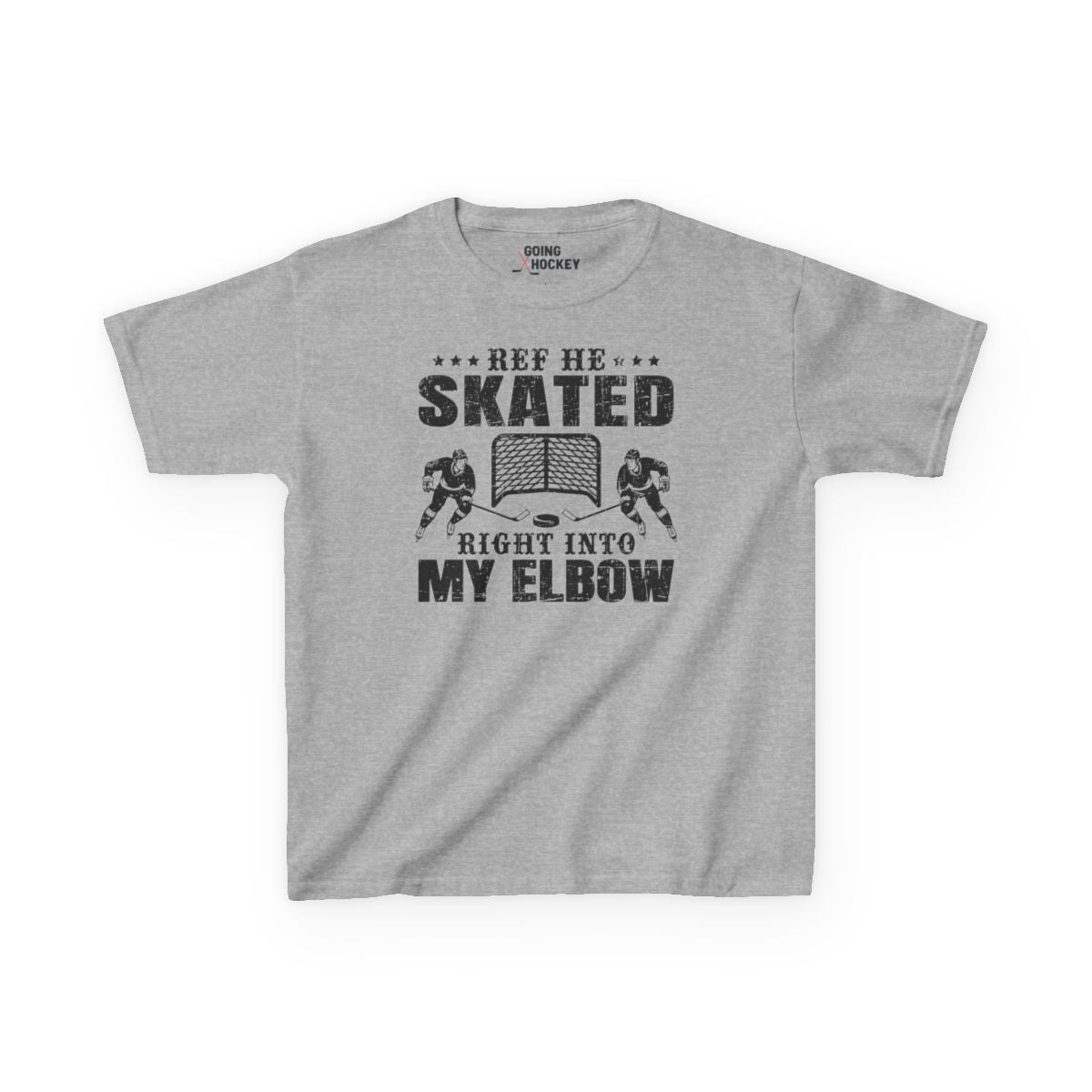Funny Hockey Shirt - Funny Hockey Gifts - Funny Gift For Hockey Players - Grey Front - Hockey Elbow - Kids Hockey T-Shirt - Ref He Skated Right Into My Elbow Kids Hockey Shirt - Hockey Gifts - Gift For Hockey Players