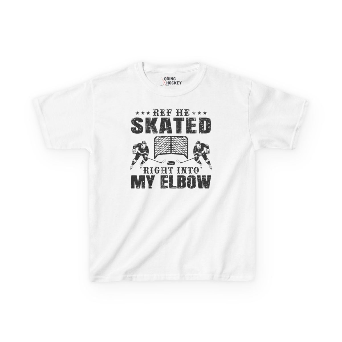 Funny Hockey Shirt - Funny Hockey Gifts - Funny Gift For Hockey Players - White Front - Hockey Elbow - Kids Hockey T-Shirt - Ref He Skated Right Into My Elbow Kids Hockey Shirt - Hockey Gifts - Gift For Hockey Players