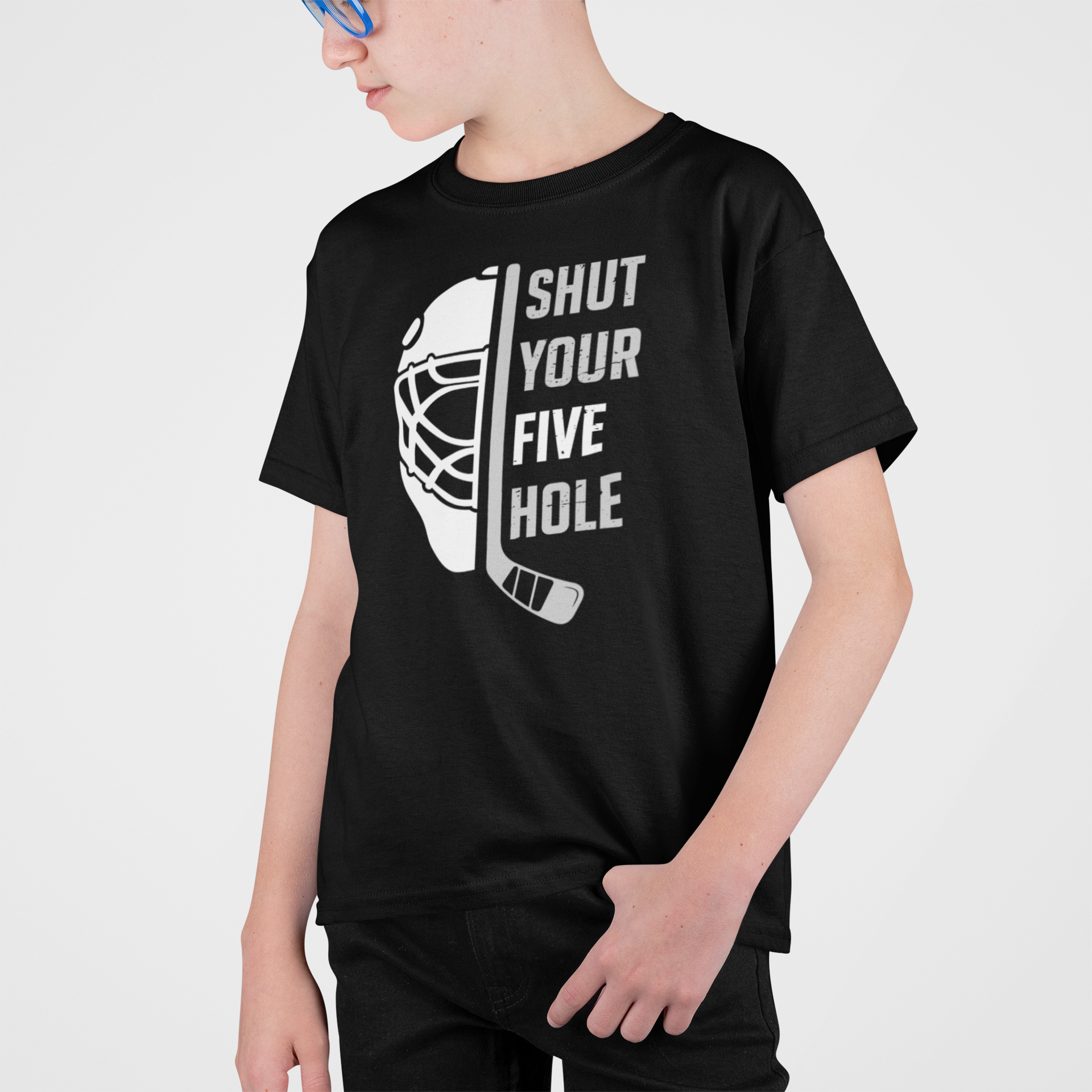 Funny Hockey Shirt - Funny Hockey Gifts - Funny Gift For Hockey Players - Mockup 2 - Five Hole Hockey - Kids Hockey T-Shirt - Shut Your Five Hole Kids Hockey Shirt - Hockey Gifts - Gift For Hockey Players