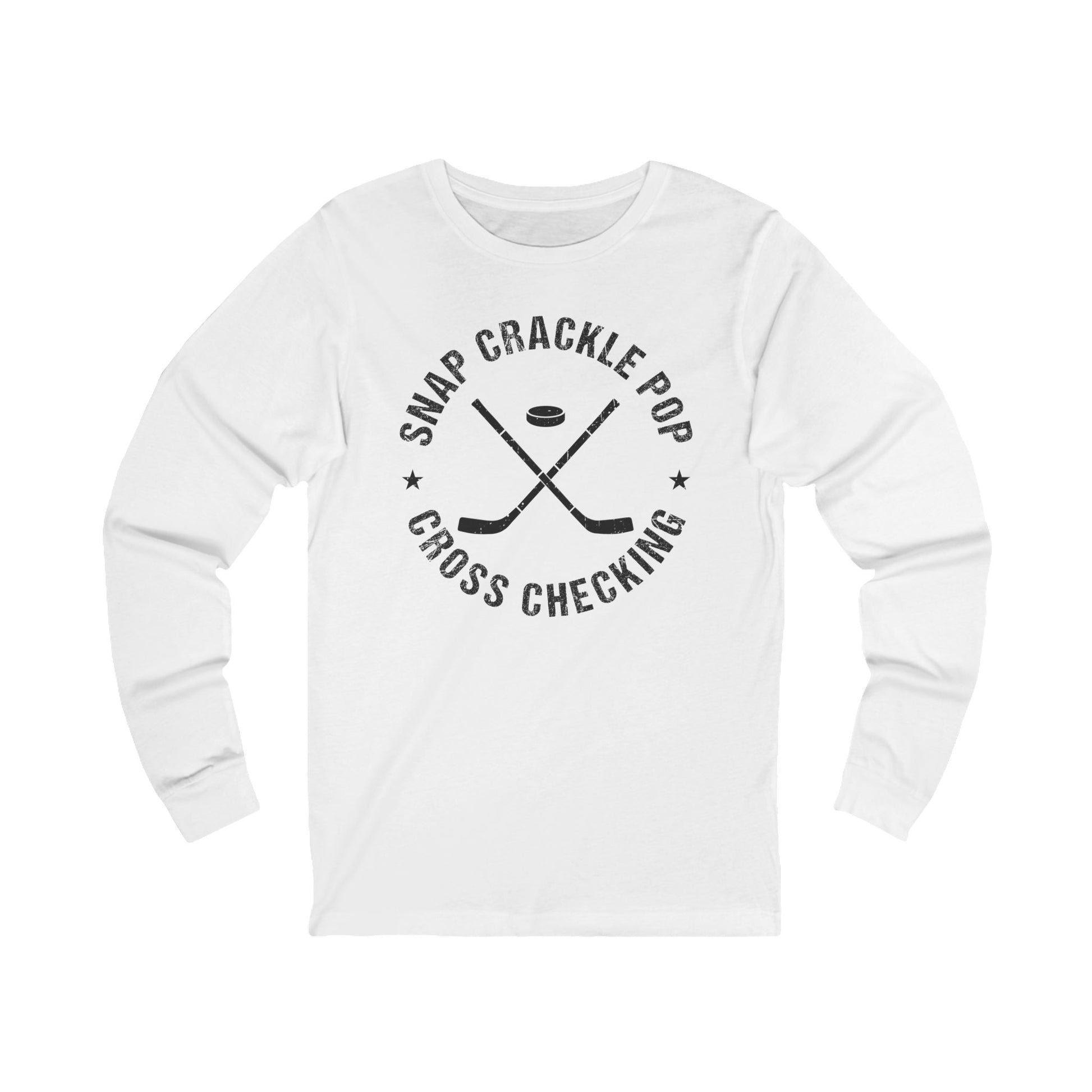 Funny Hockey Long Sleeve Shirt - Funny Hockey Gifts - Funny Gift For Hockey Players - White Front - Snap Crackle Hockey - Hockey Long Sleeve T-Shirt - Snap Crackle Pop Cross Checking Hockey Long Sleeve Shirt - Hockey Gifts - Gift For Hockey Players