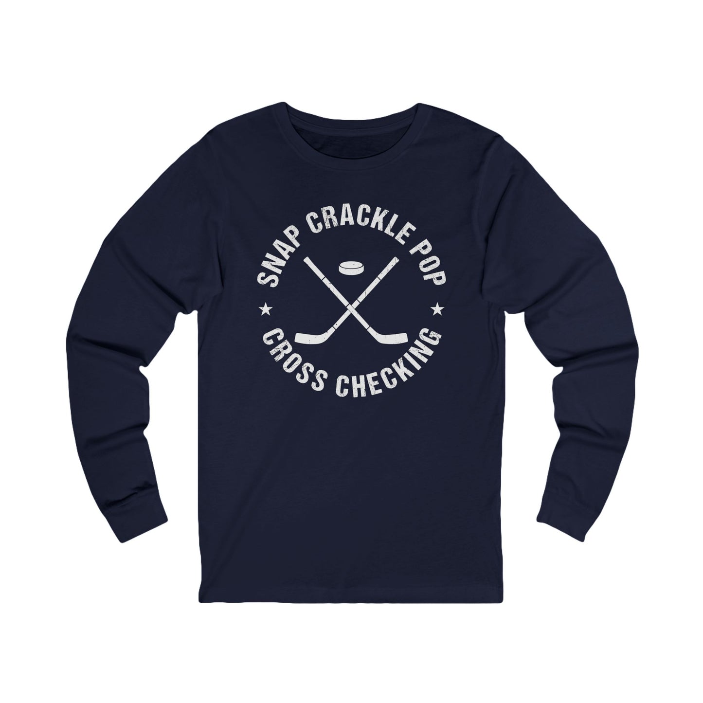 Navy Front - Snap Crackle Hockey - Hockey Long Sleeve T-Shirt - Snap Crackle Pop Cross Checking Hockey Long Sleeve Shirt - Hockey Gifts - Gift For Hockey Players
