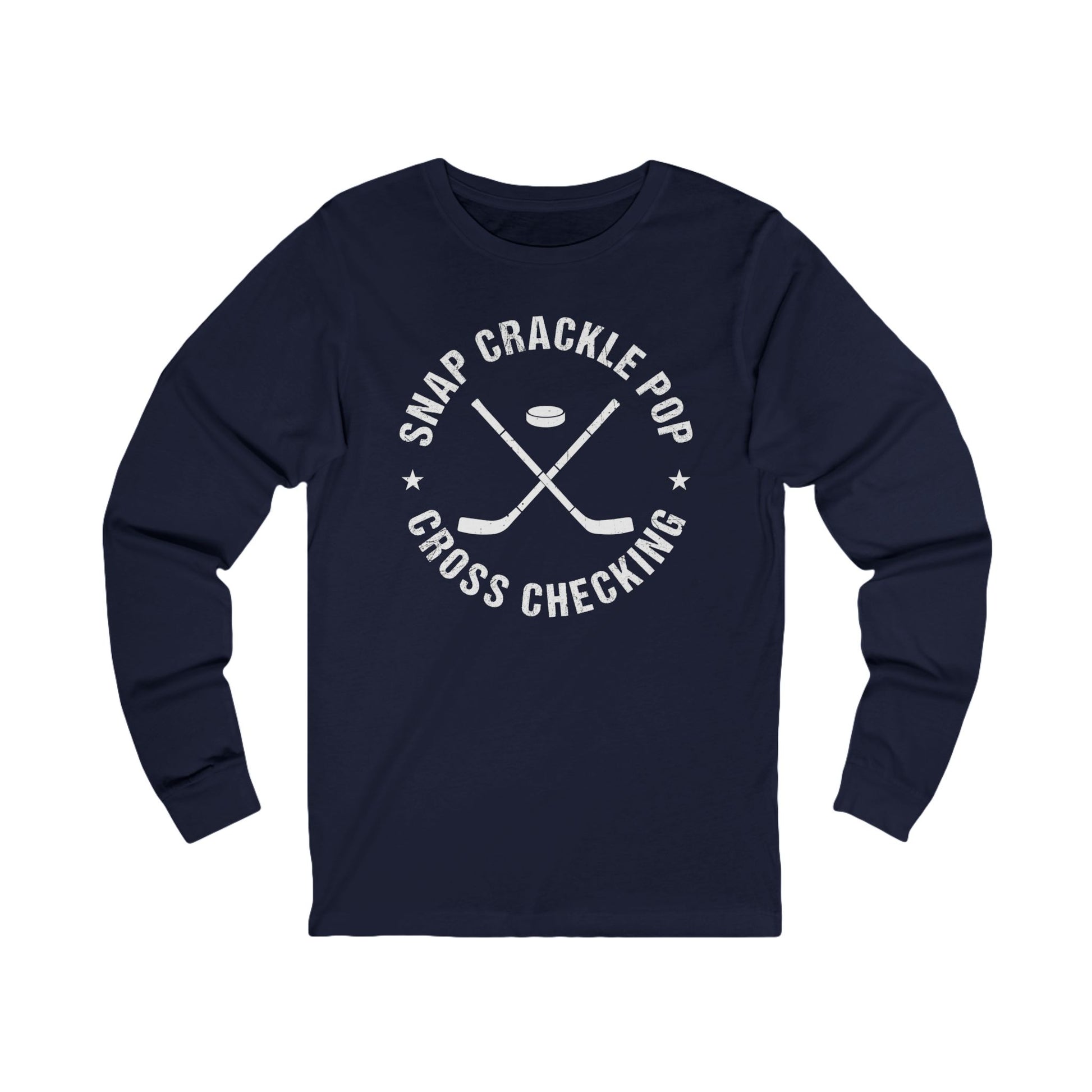 Funny Hockey Long Sleeve Shirt - Funny Hockey Gifts - Funny Gift For Hockey Players - Navy Front - Snap Crackle Hockey - Hockey Long Sleeve T-Shirt - Snap Crackle Pop Cross Checking Hockey Long Sleeve Shirt - Hockey Gifts - Gift For Hockey Players