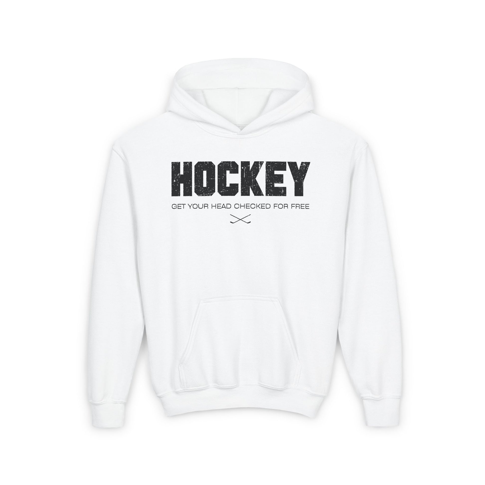 Funny Hockey Hoodie - Funny Hockey Gifts - Funny Gift For Hockey Players - White Front - Hockey Head - Kids Hockey Hoodie - Get Your Head Checked For Free Kids Hockey Hoodie - Hockey Gifts - Gift For Hockey Players