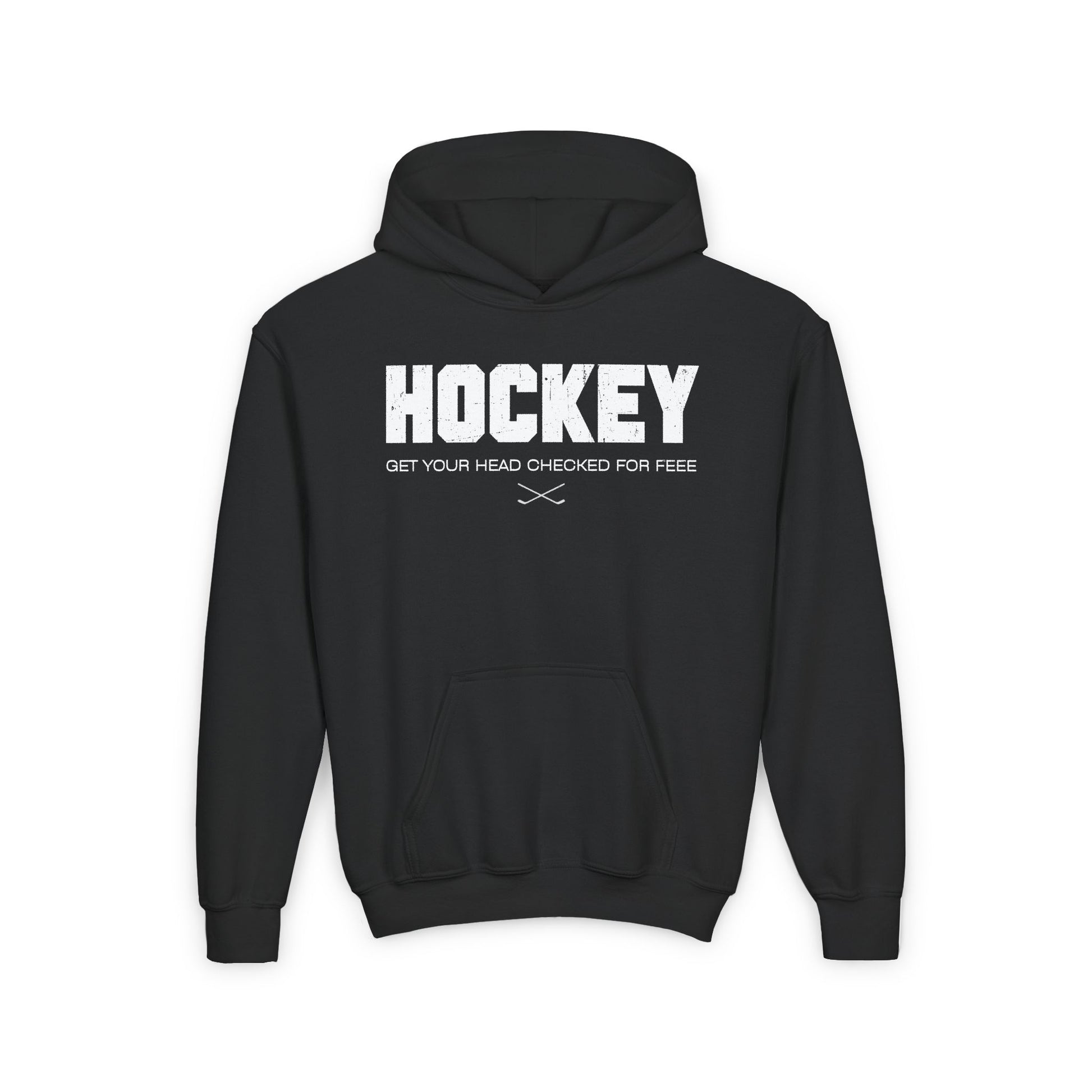 Funny Hockey Hoodie - Funny Hockey Gifts - Funny Gift For Hockey Players - Black Front - Hockey Head - Kids Hockey Hoodie - Get Your Head Checked For Free Kids Hockey Hoodie - Hockey Gifts - Gift For Hockey Players