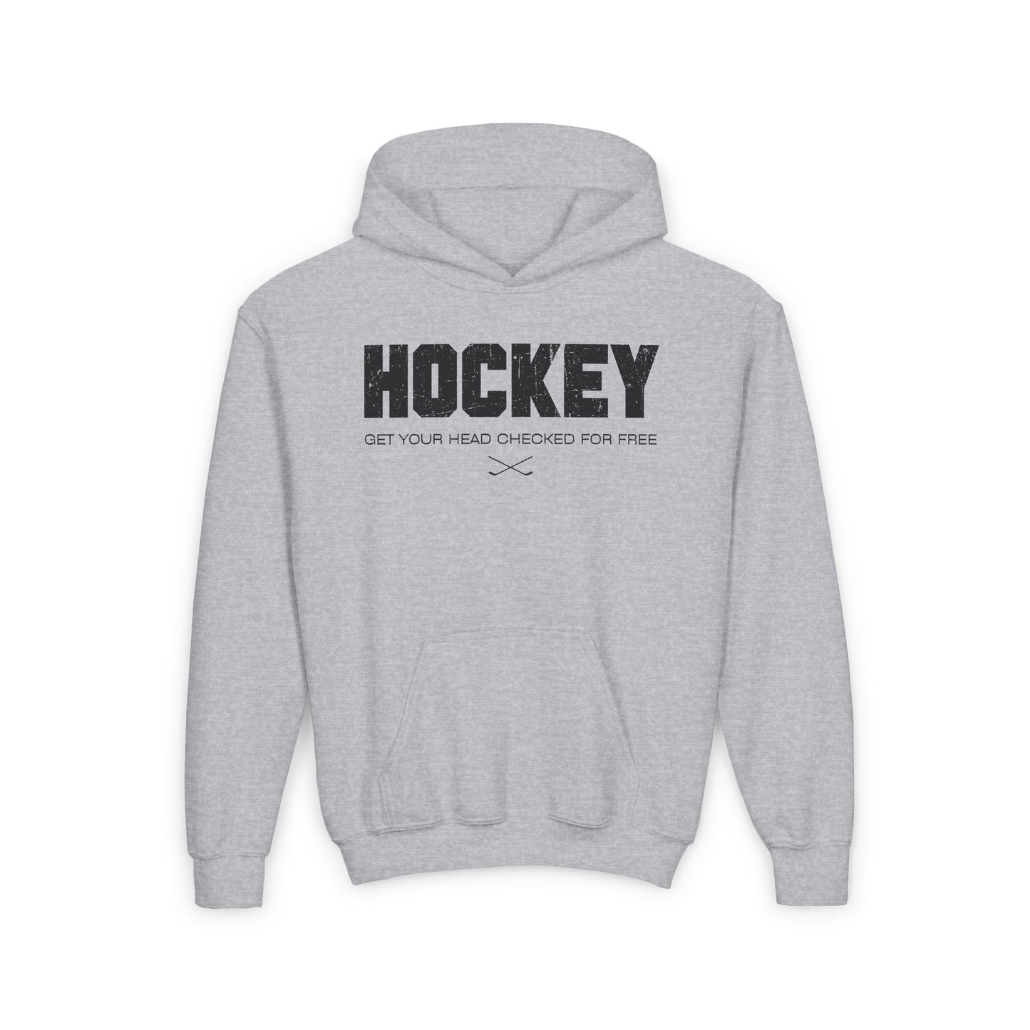 Funny Hockey Hoodie - Funny Hockey Gifts - Funny Gift For Hockey Players - Grey Front - Hockey Head - Kids Hockey Hoodie - Get Your Head Checked For Free Kids Hockey Hoodie - Hockey Gifts - Gift For Hockey Players