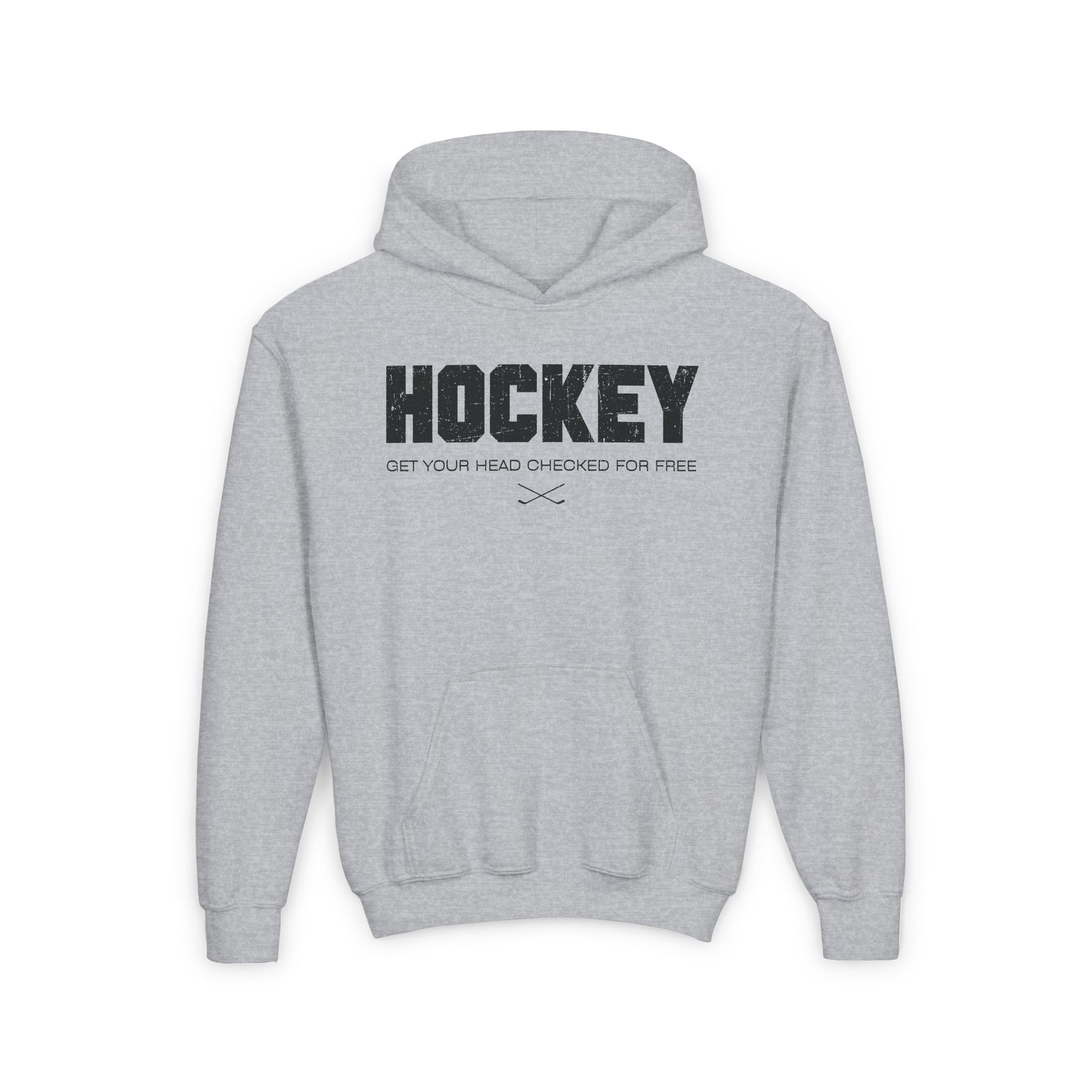 Funny Hockey Hoodie - Funny Hockey Gifts - Funny Gift For Hockey Players - Grey Front - Hockey Head - Kids Hockey Hoodie - Get Your Head Checked For Free Kids Hockey Hoodie - Hockey Gifts - Gift For Hockey Players