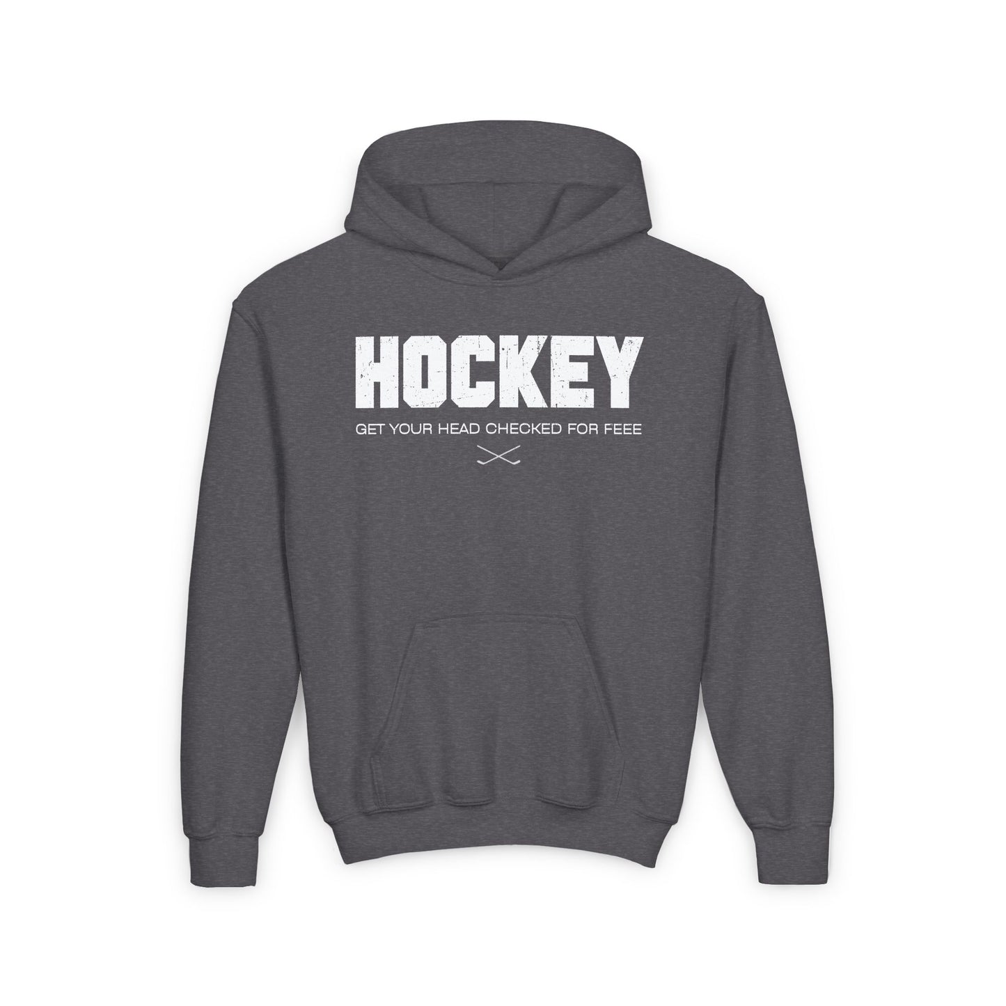 Funny Hockey Hoodie - Funny Hockey Gifts - Funny Gift For Hockey Players - Dark Grey Front - Hockey Head - Kids Hockey Hoodie - Get Your Head Checked For Free Kids Hockey Hoodie - Hockey Gifts - Gift For Hockey Players