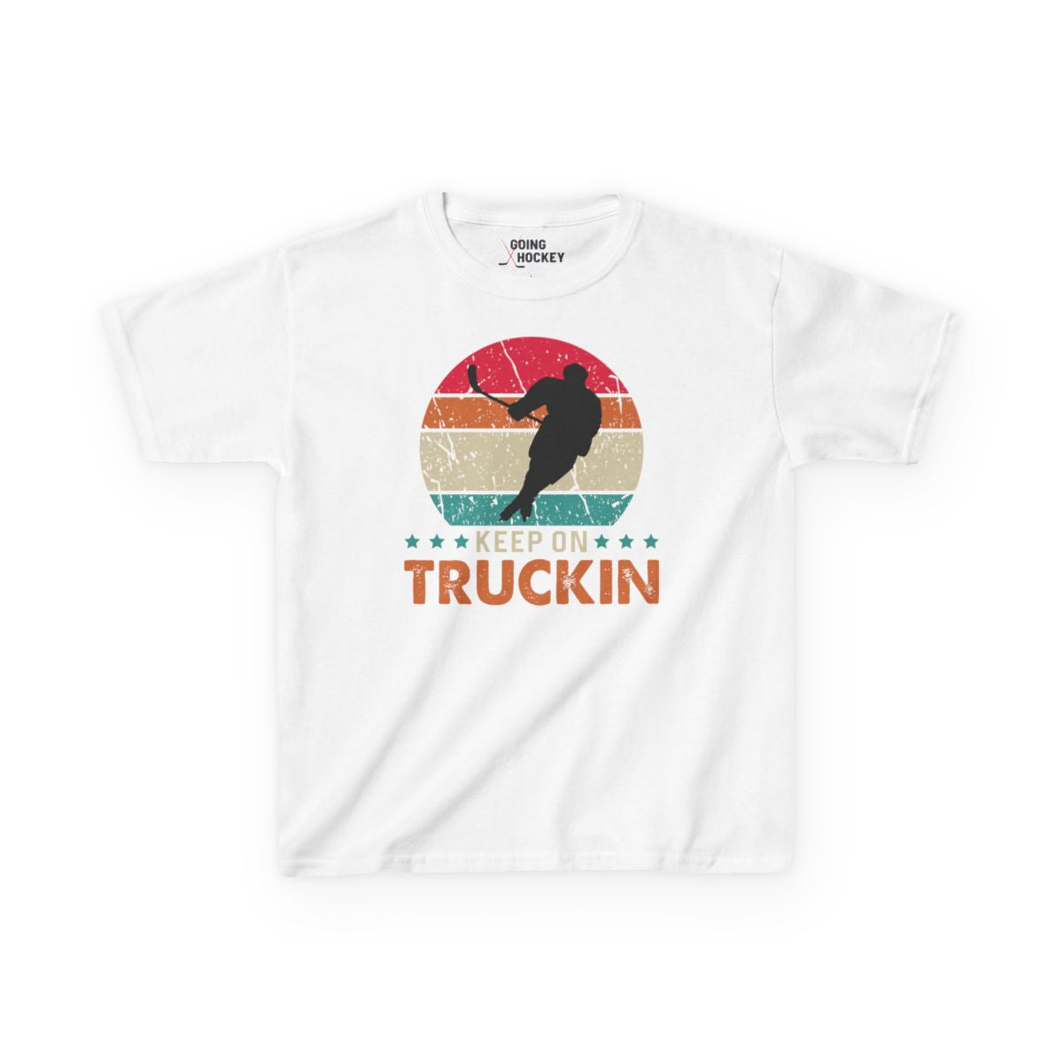 Funny Hockey Shirt - Funny Hockey Gifts - Funny Gift For Hockey Players - White Front - Hockey Truckin - Kids Hockey T-Shirt - Keep On Truckin Kids Hockey Shirt - Hockey Gifts - Gift For Hockey Players